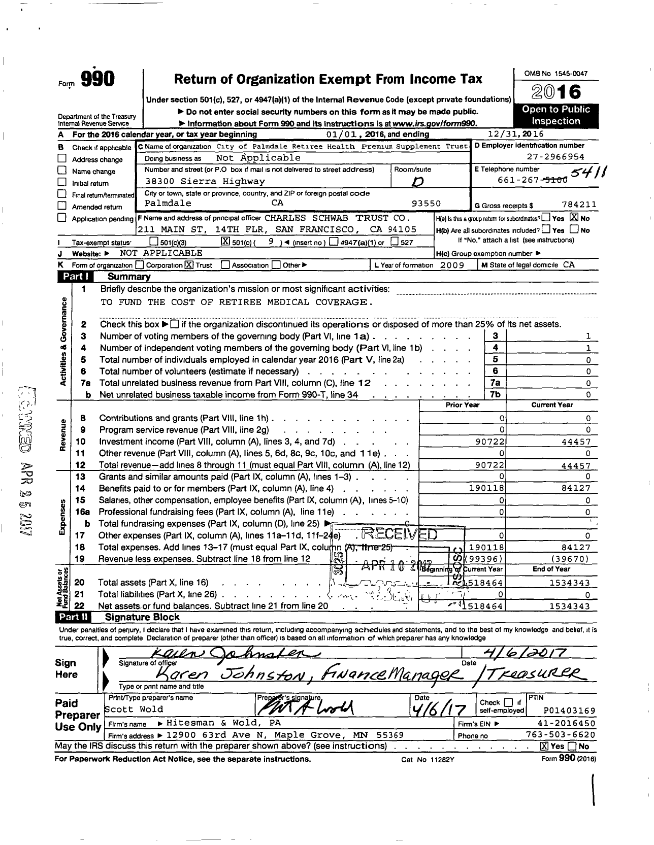 Image of first page of 2016 Form 990O for City of Palmdale Retiree Health Premium Supplement Trust