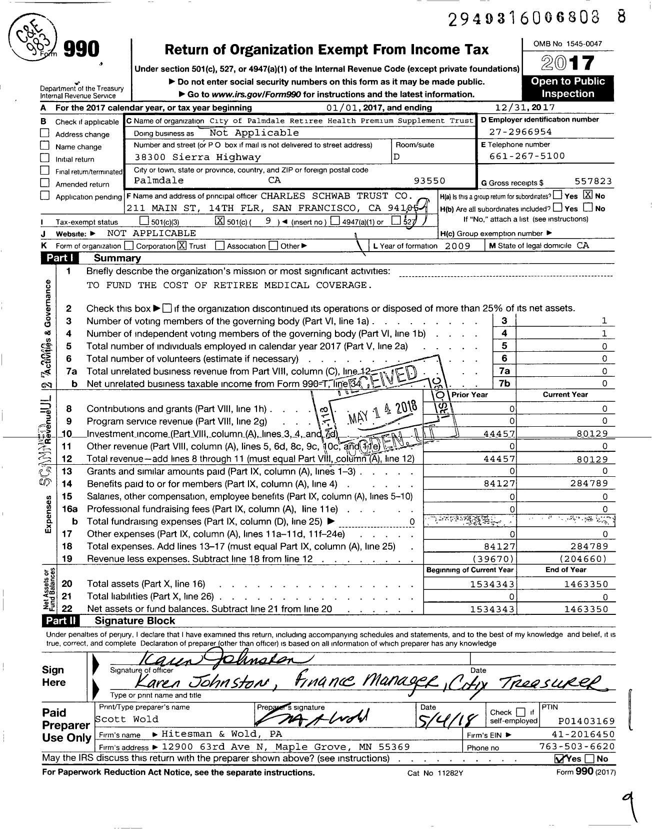 Image of first page of 2017 Form 990O for City of Palmdale Retiree Health Premium Supplement Trust