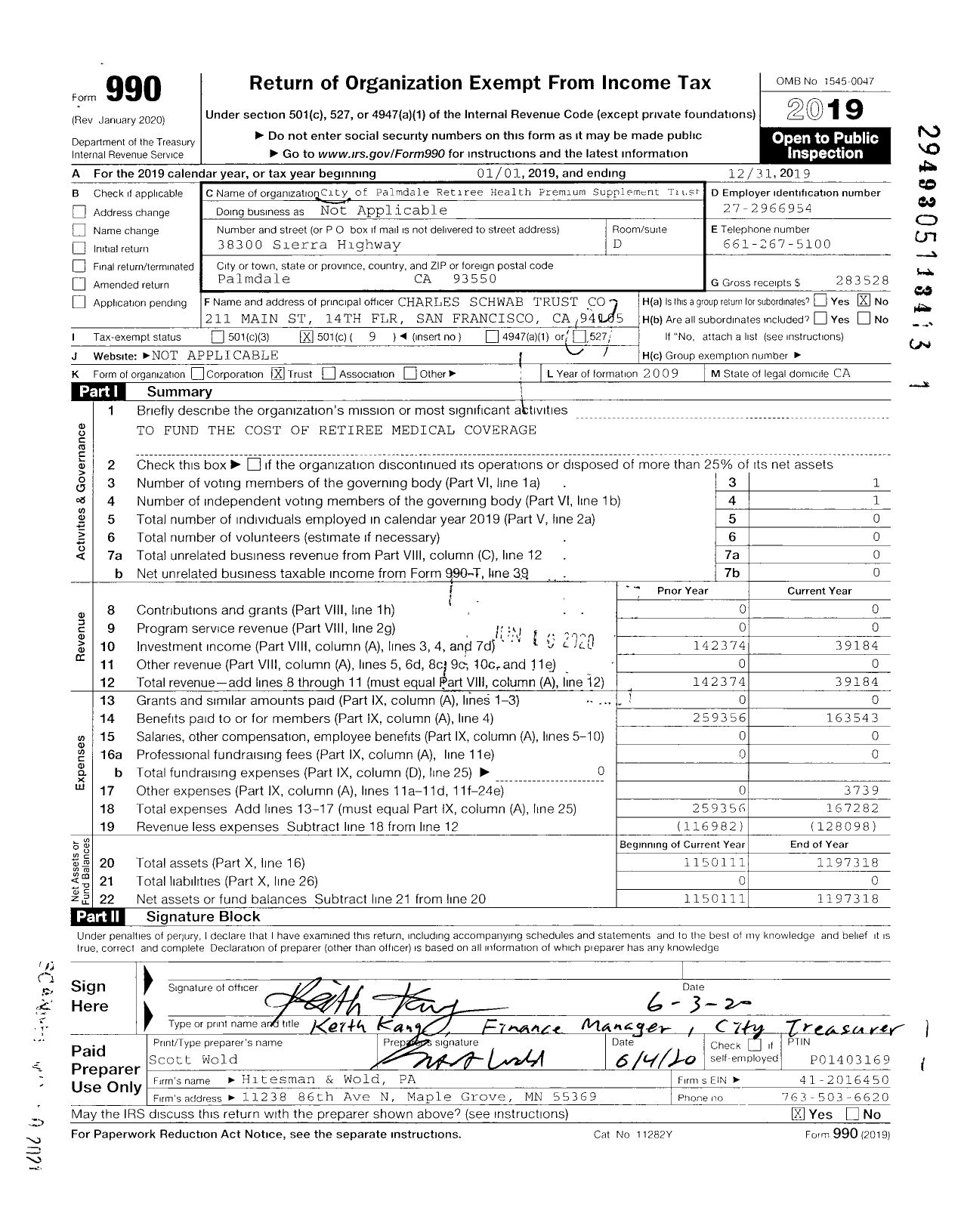 Image of first page of 2019 Form 990O for City of Palmdale Retiree Health Premium Supplement Trust
