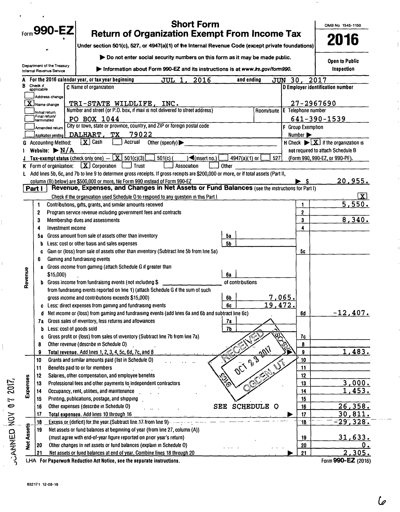 Image of first page of 2016 Form 990EZ for Tri-State Wildlife