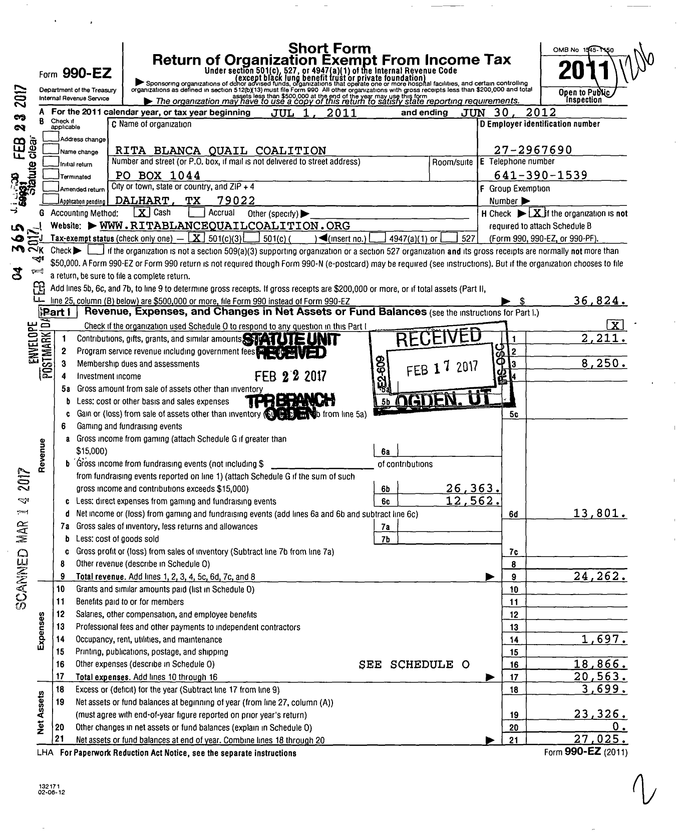 Image of first page of 2011 Form 990EZ for Tri-State Wildlife