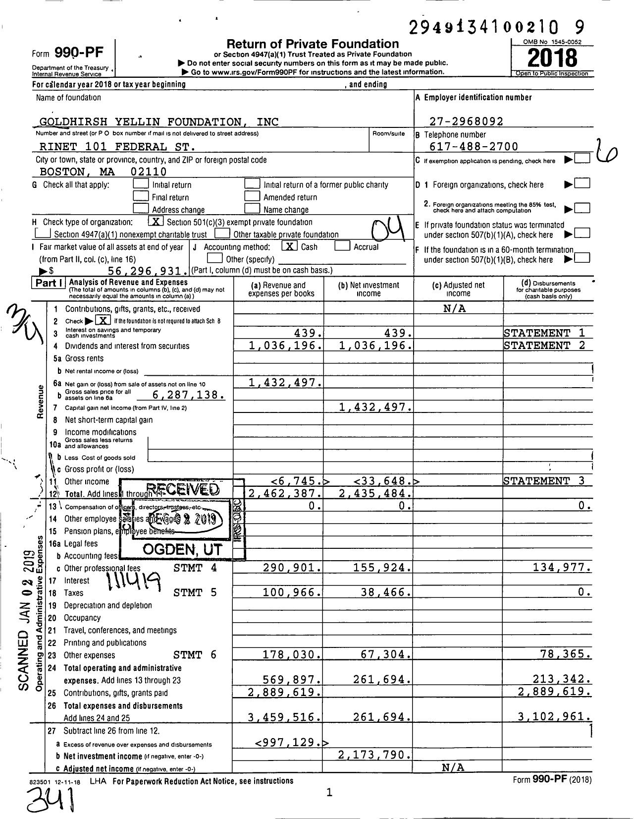 Image of first page of 2018 Form 990PF for Goldhirsh Yellin Foundation