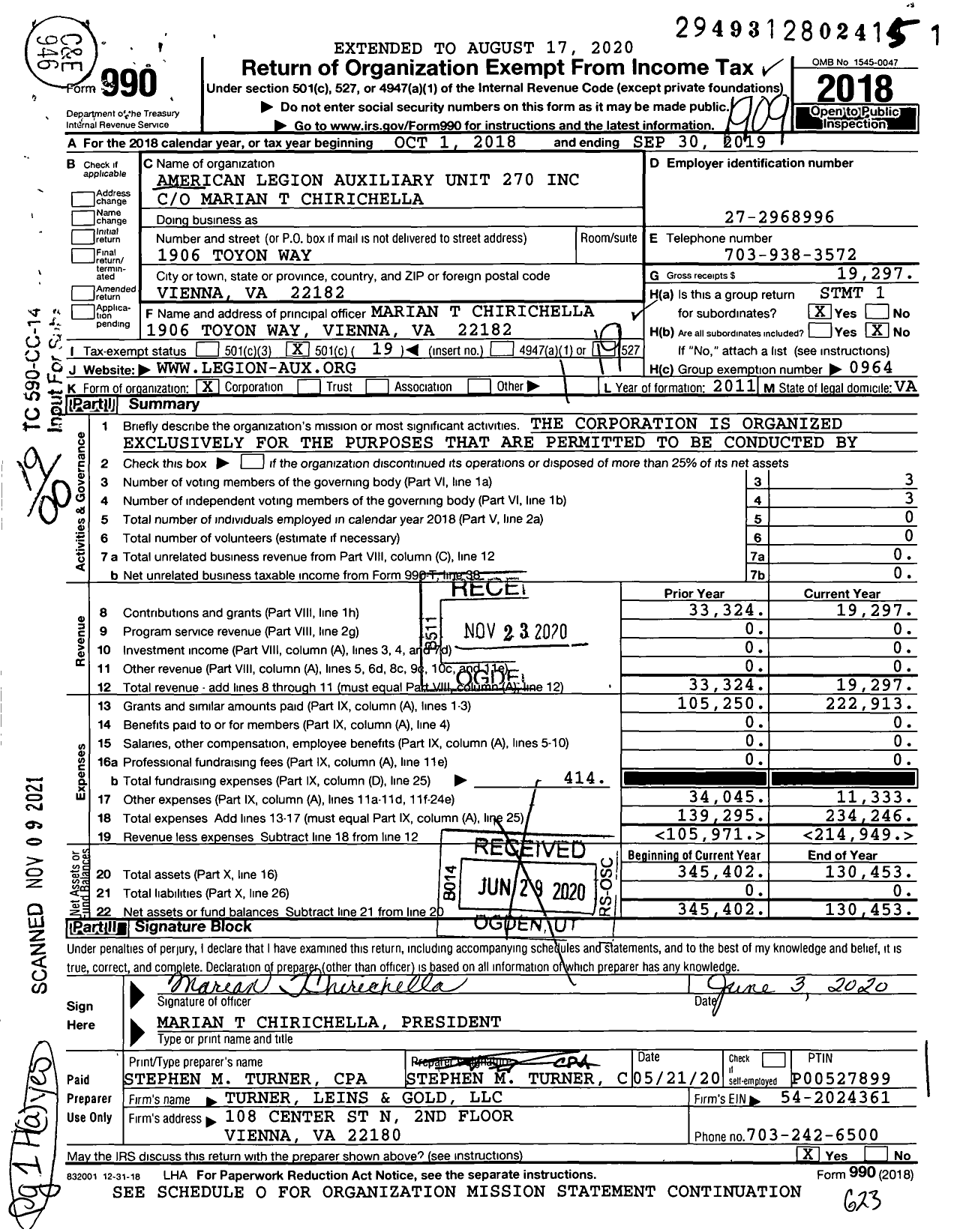 Image of first page of 2018 Form 990O for American Legion Auxiliary - 0270 MC Lean Unit