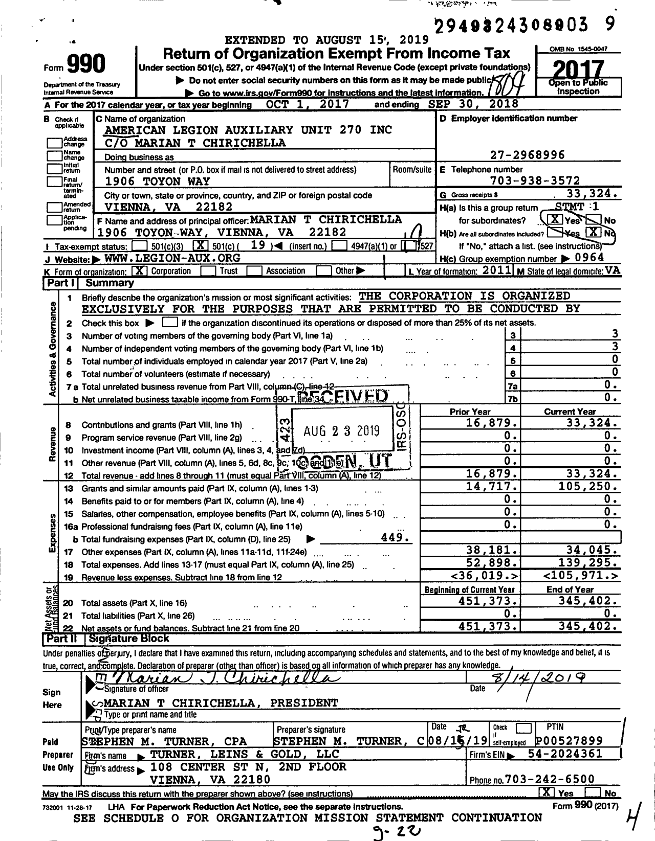 Image of first page of 2017 Form 990O for American Legion Auxiliary - 0270 MC Lean Unit