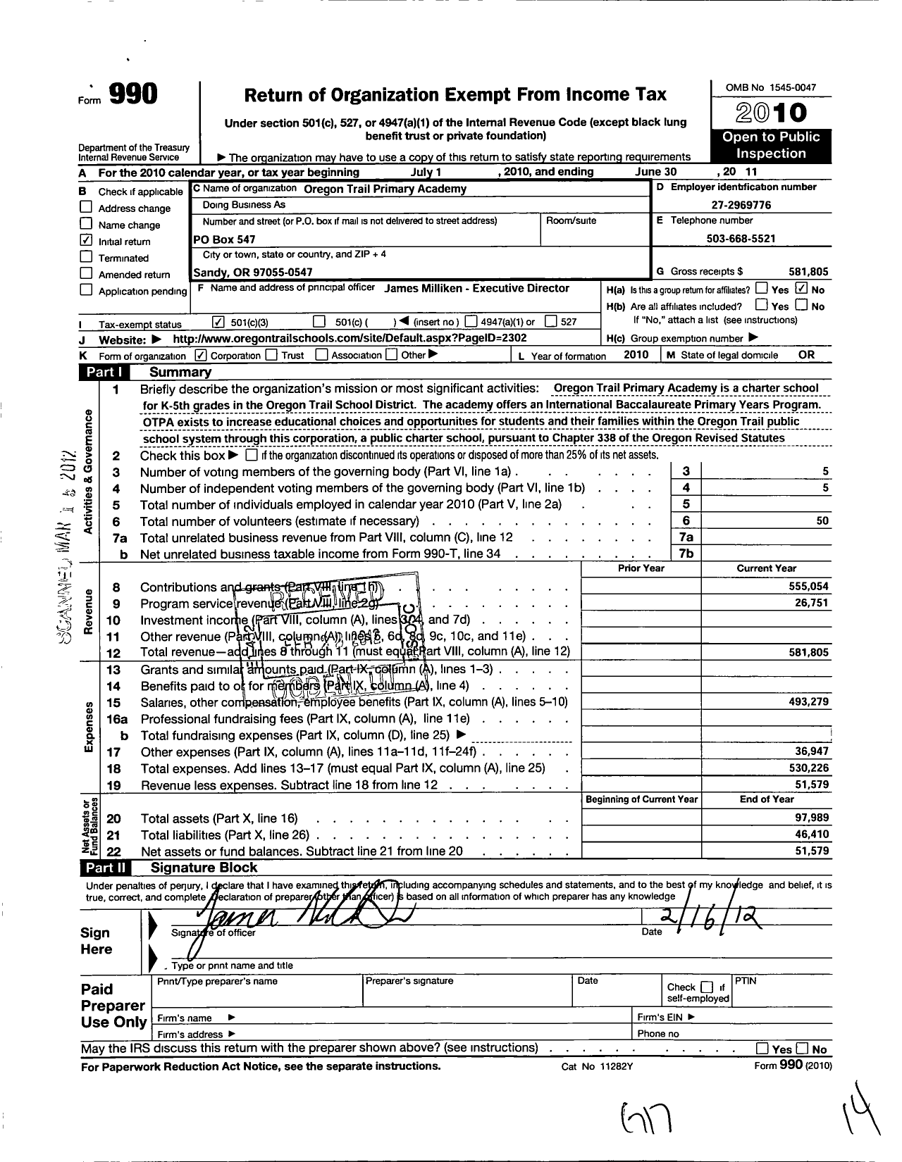 Image of first page of 2010 Form 990 for Oregon Trail Primary Academy