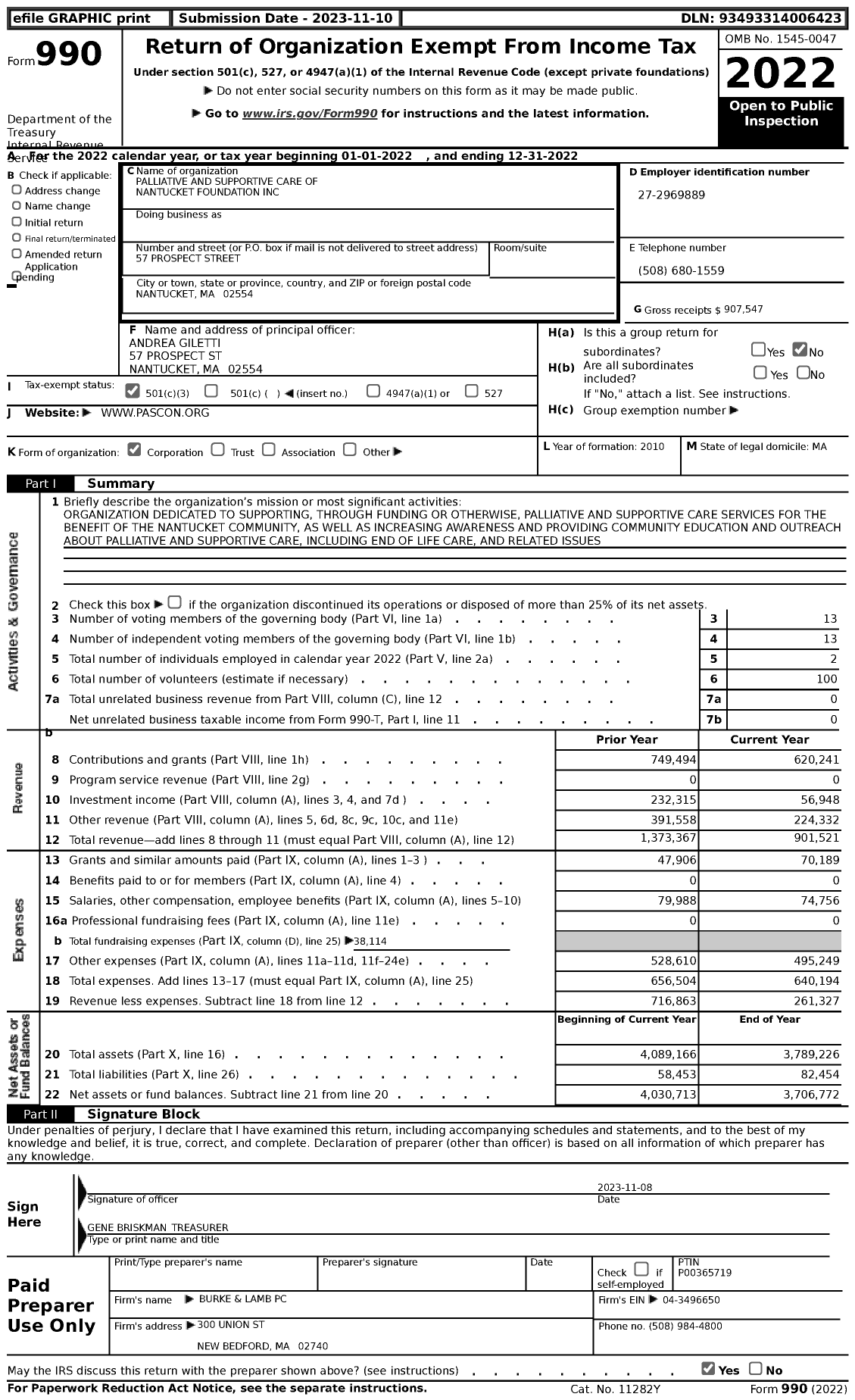 Image of first page of 2022 Form 990 for Palliative and Supportive Care of Nantucket Foundation