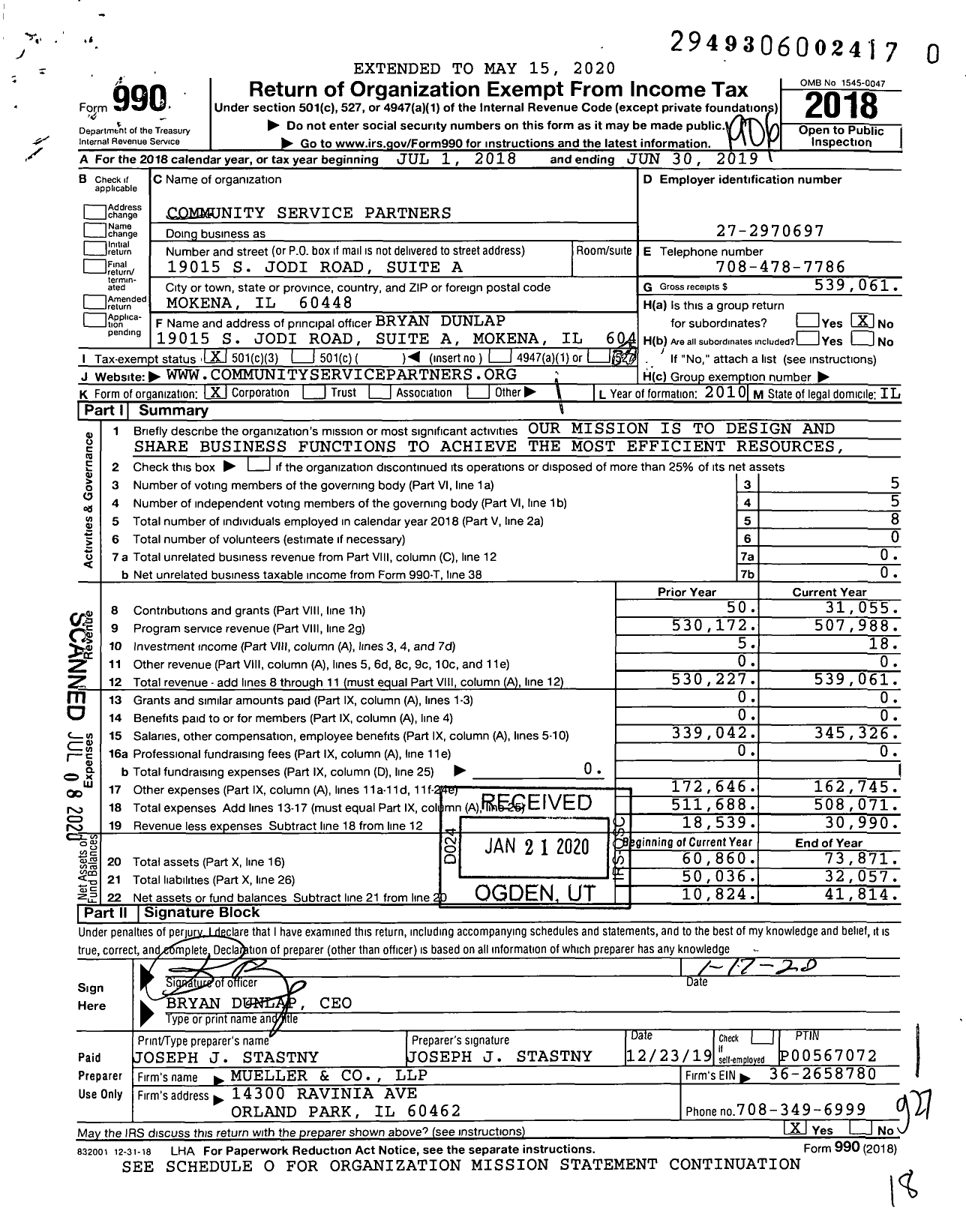 Image of first page of 2018 Form 990 for Community Service Partners