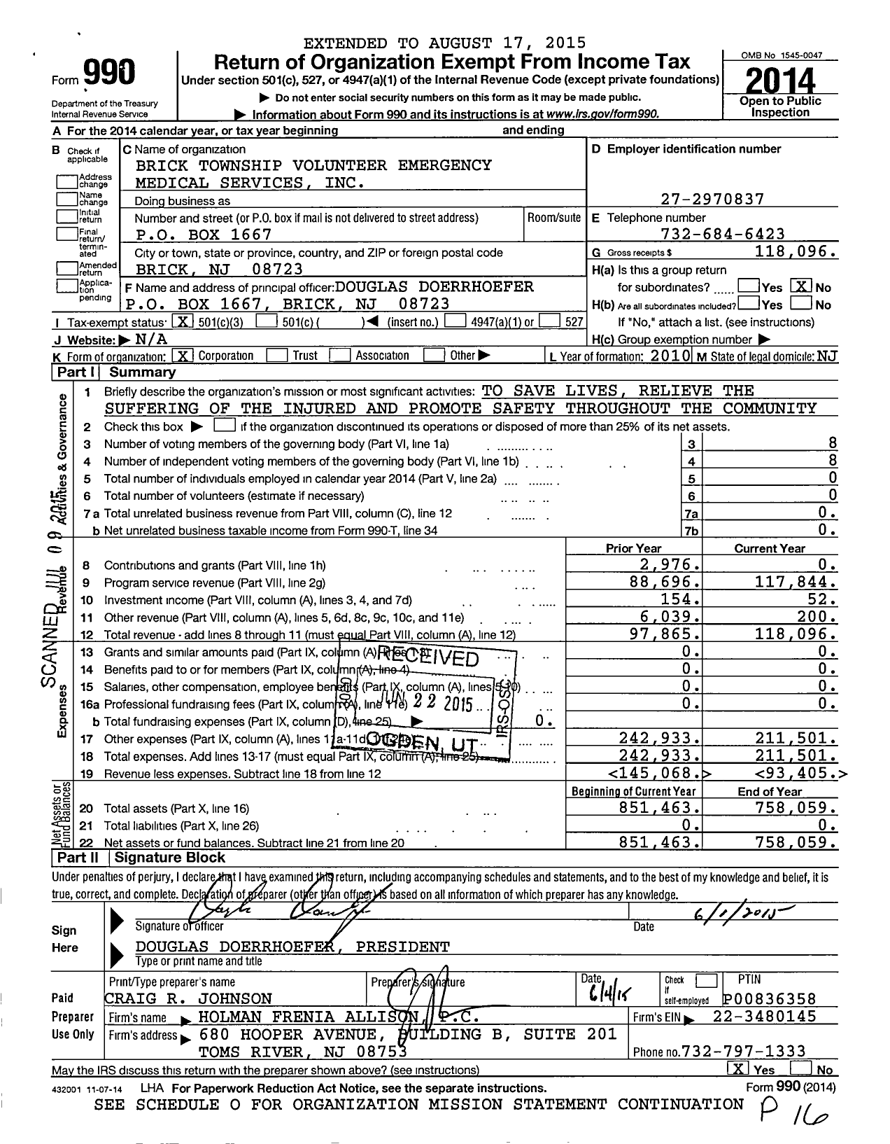 Image of first page of 2014 Form 990 for Brick Township Volunteer Emergency Medical Services