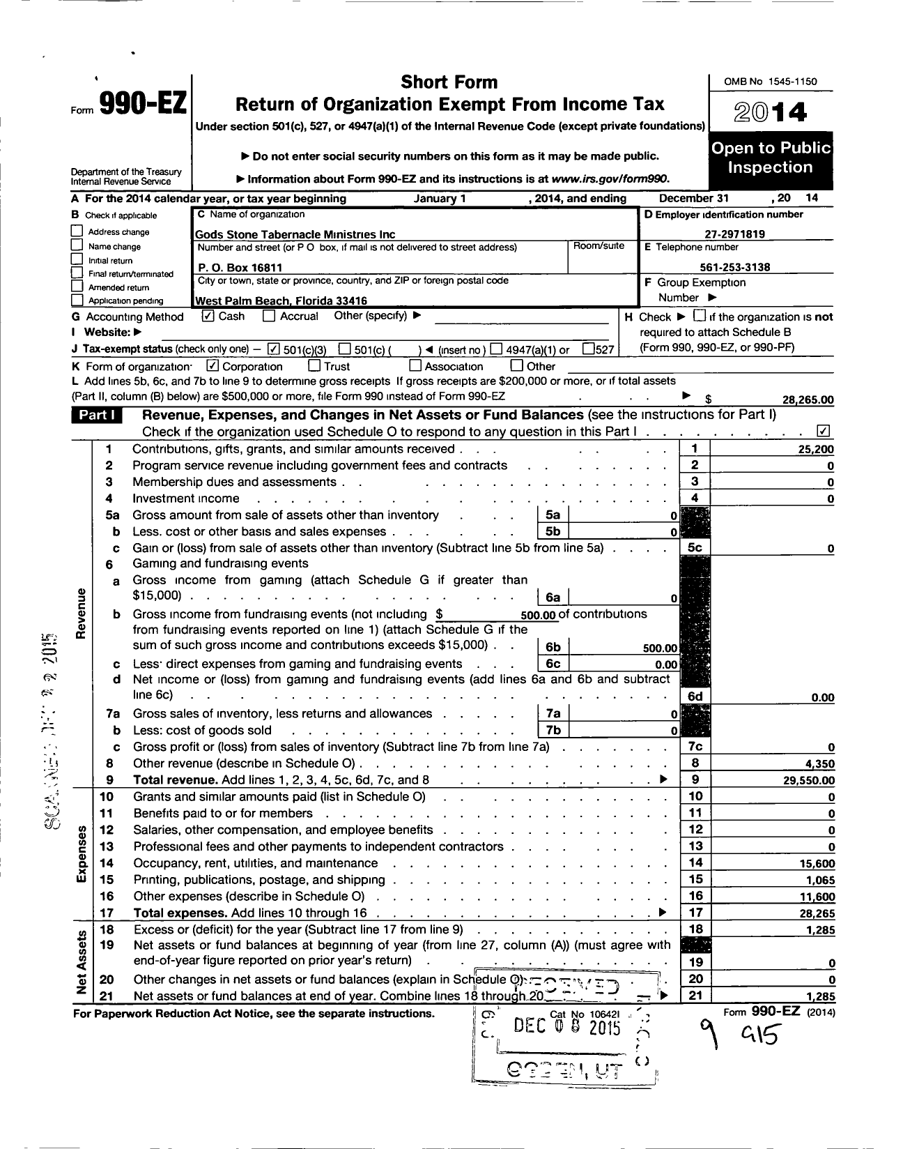 Image of first page of 2014 Form 990EZ for Gods Stone Tabernacle Ministries