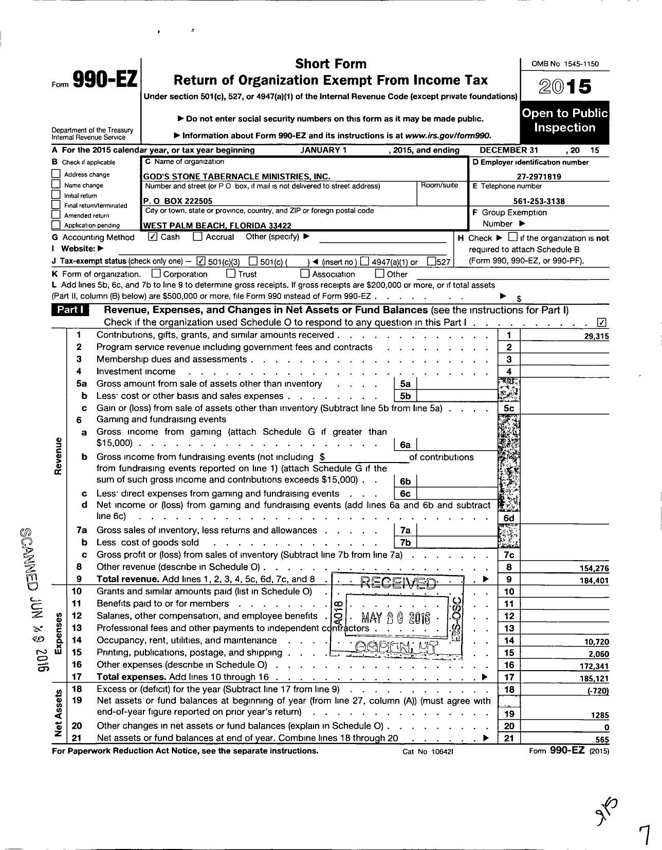 Image of first page of 2015 Form 990EZ for Gods Stone Tabernacle Ministries