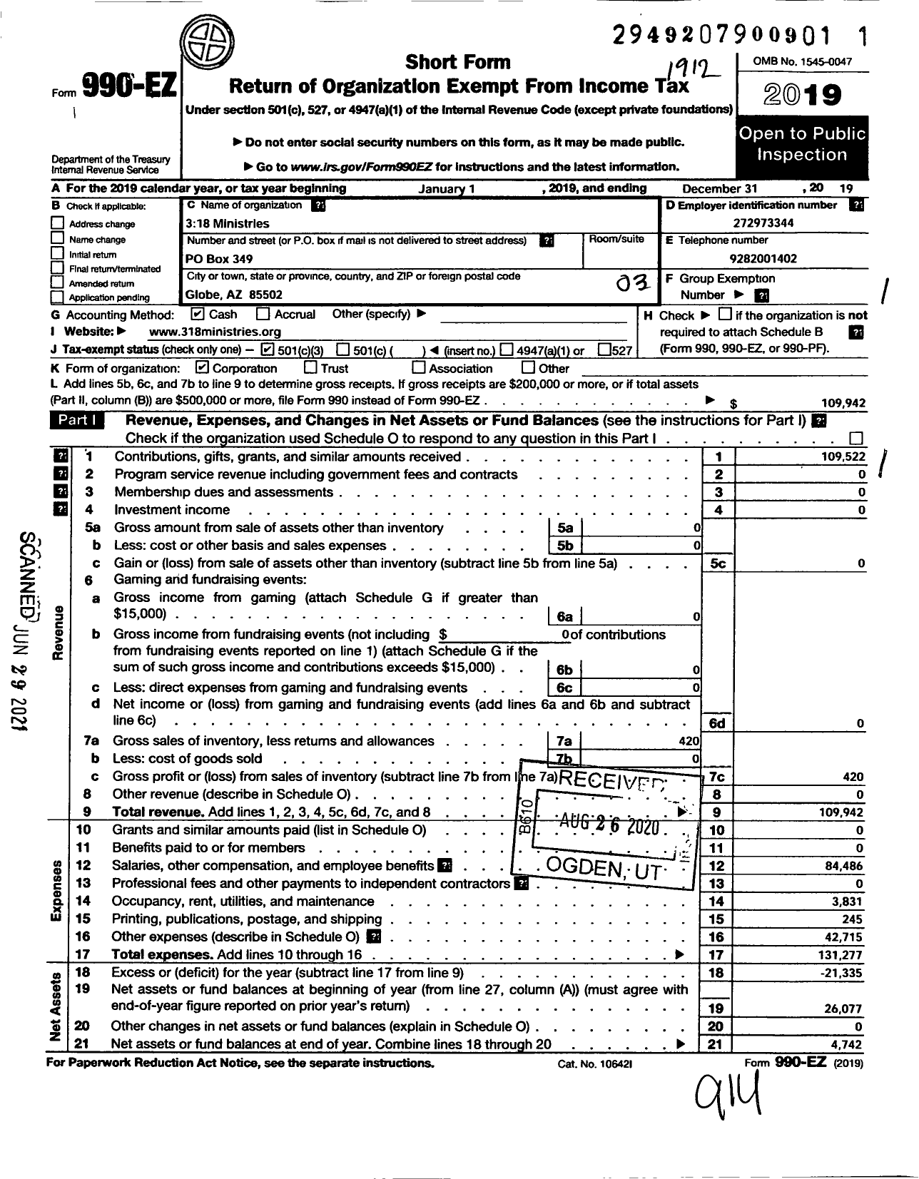 Image of first page of 2019 Form 990EZ for 318 Ministries