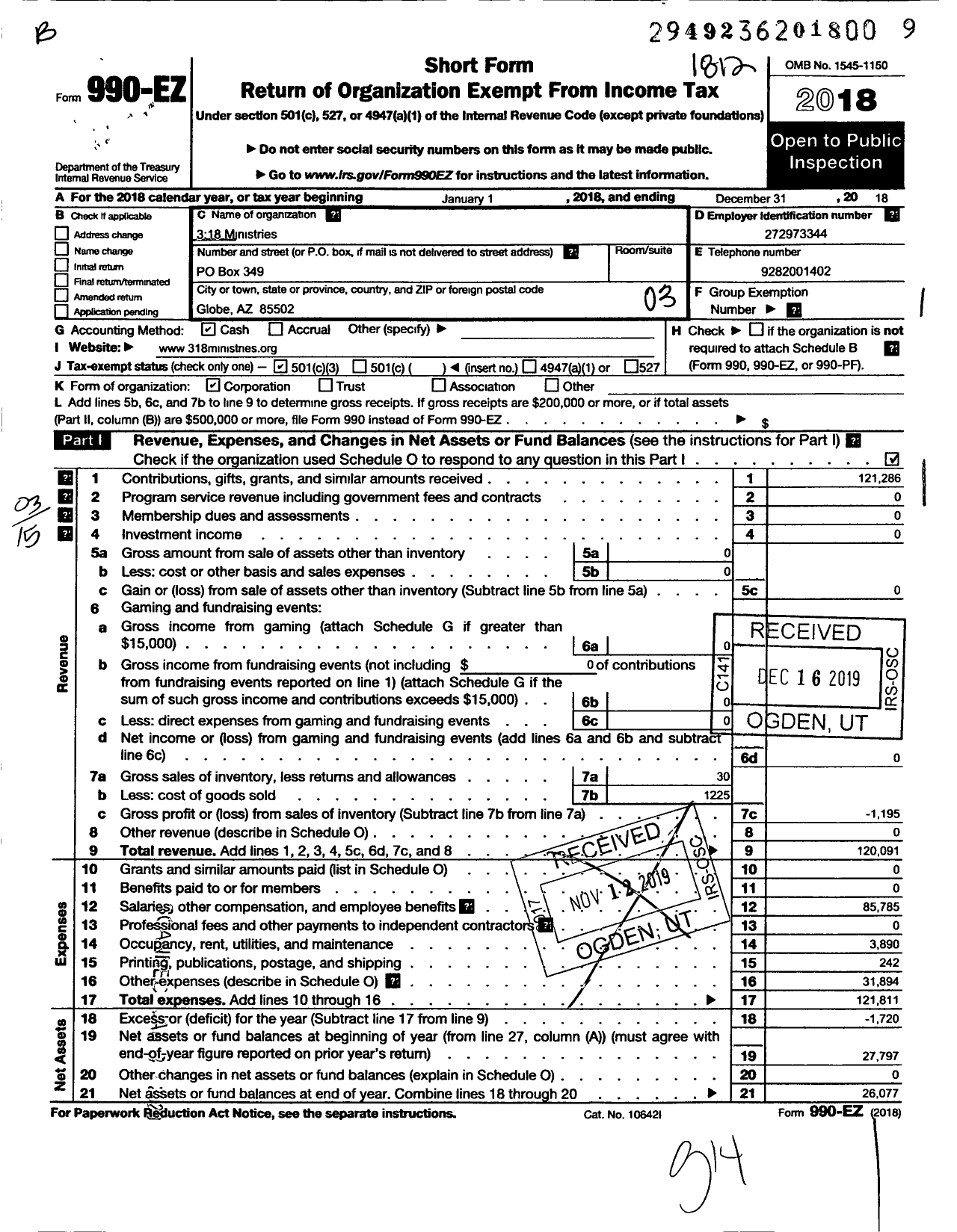 Image of first page of 2018 Form 990EZ for 318 Ministries