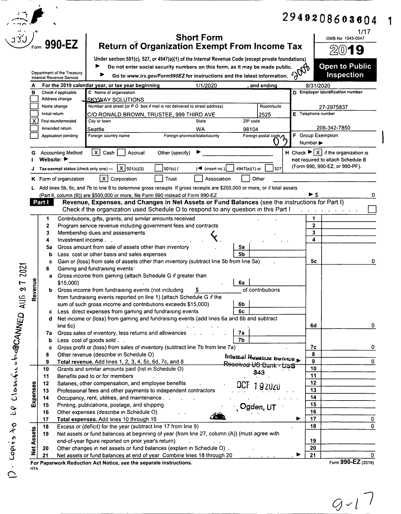 Image of first page of 2019 Form 990EZ for Skyway Solutions Cda