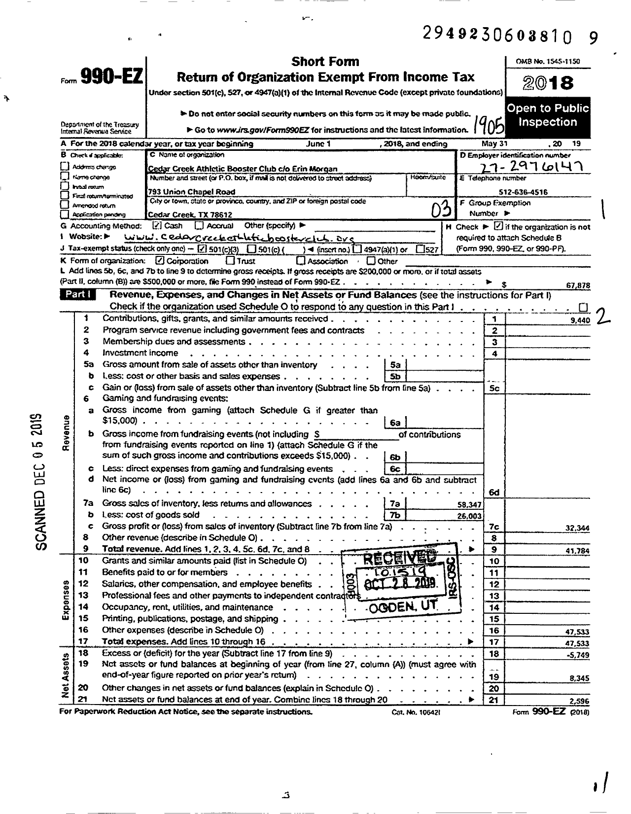 Image of first page of 2018 Form 990EZ for Cedar Creek Athletic Booster Club