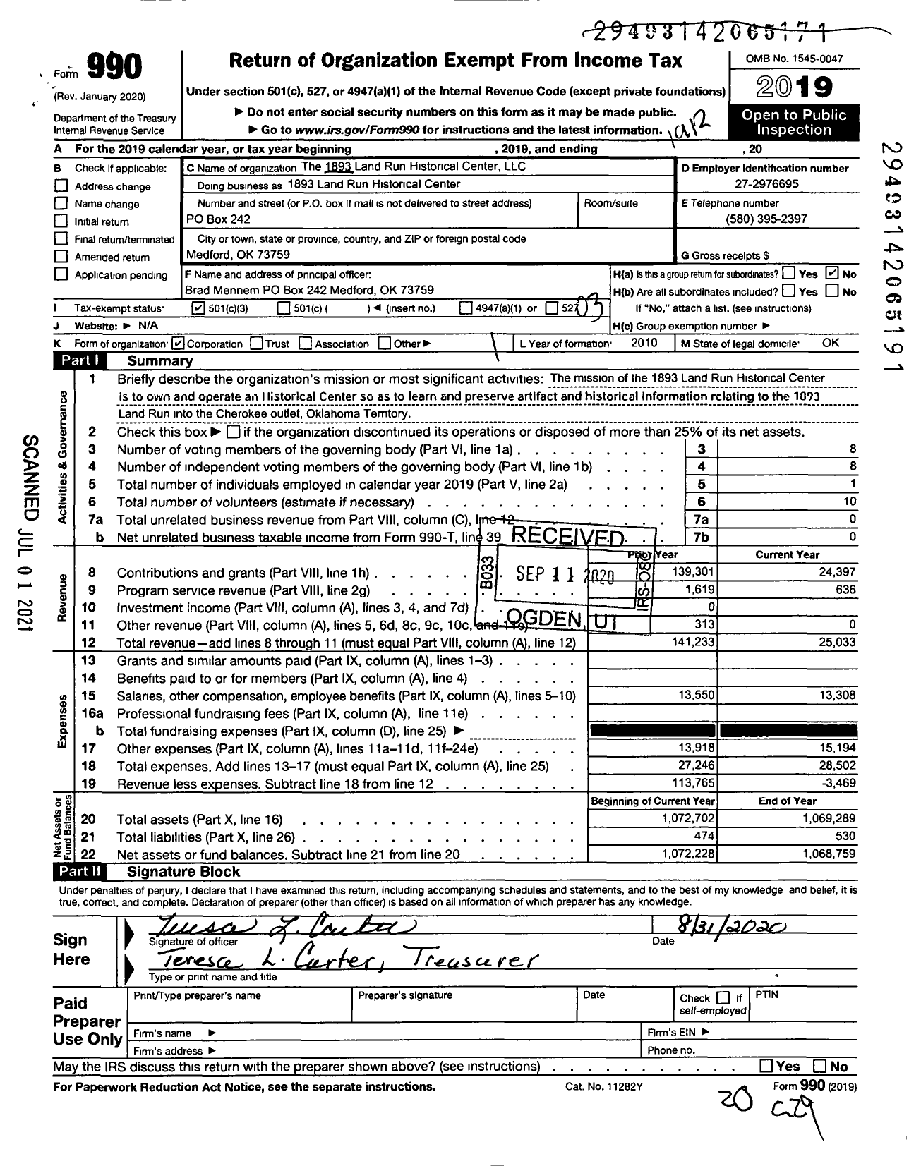 Image of first page of 2019 Form 990 for 1893 Land Run Historical Center