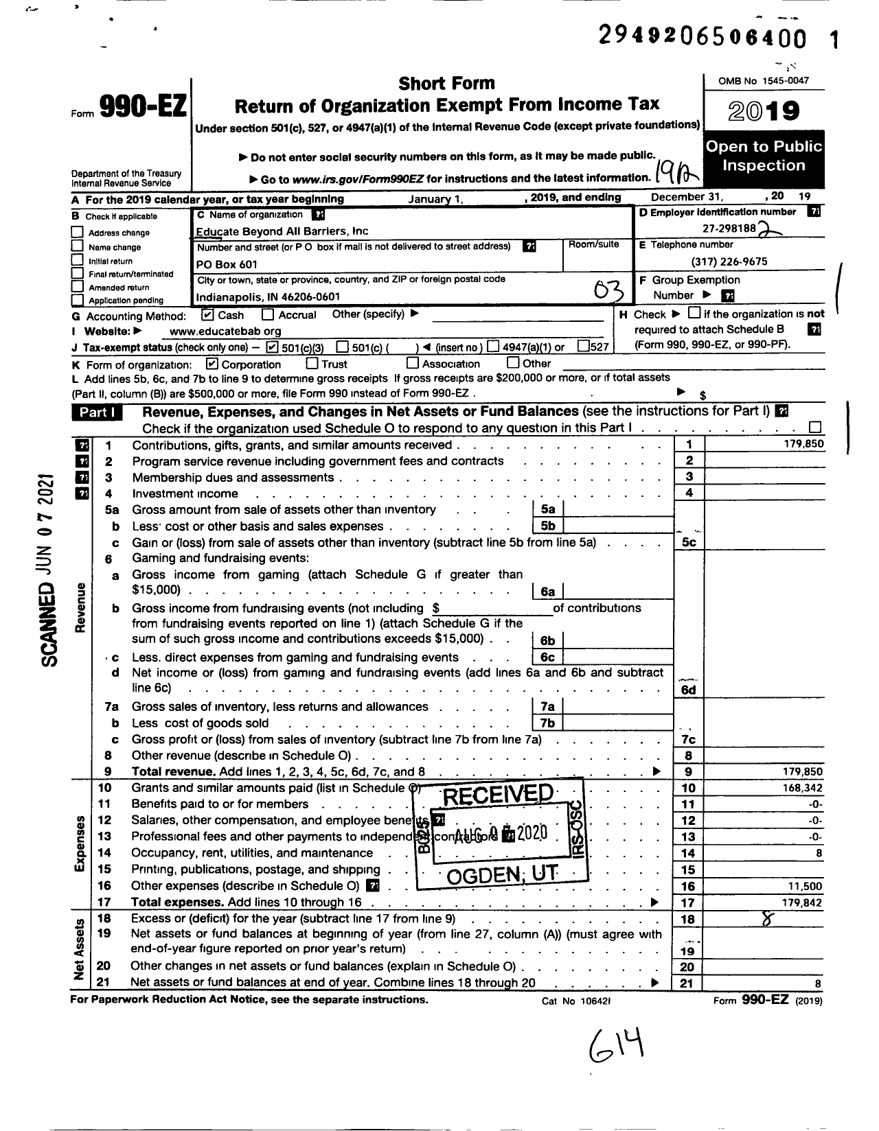 Image of first page of 2019 Form 990EZ for Educate Beyond All Barriers