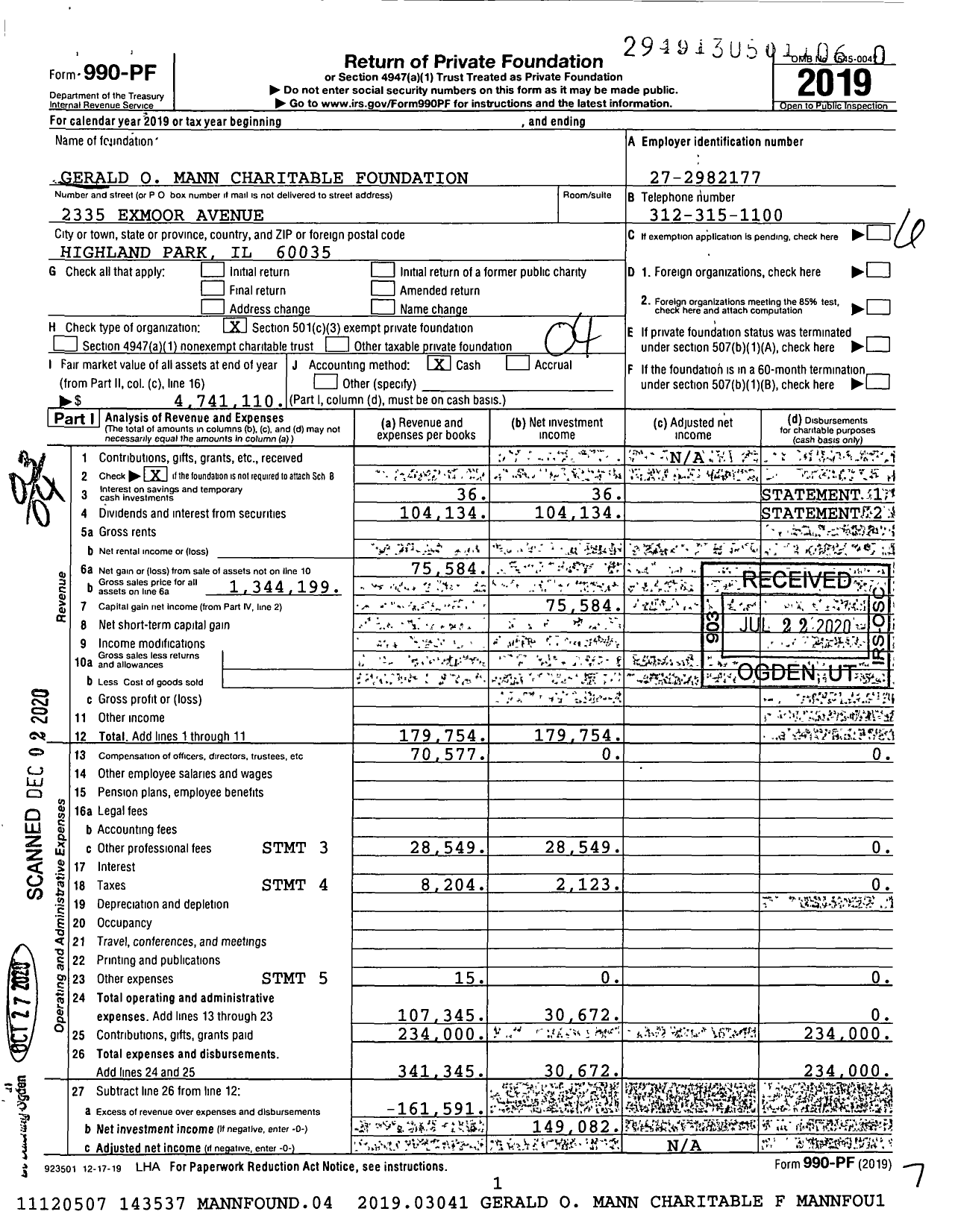 Image of first page of 2019 Form 990PF for Gerald O Mann Charitable Foundation