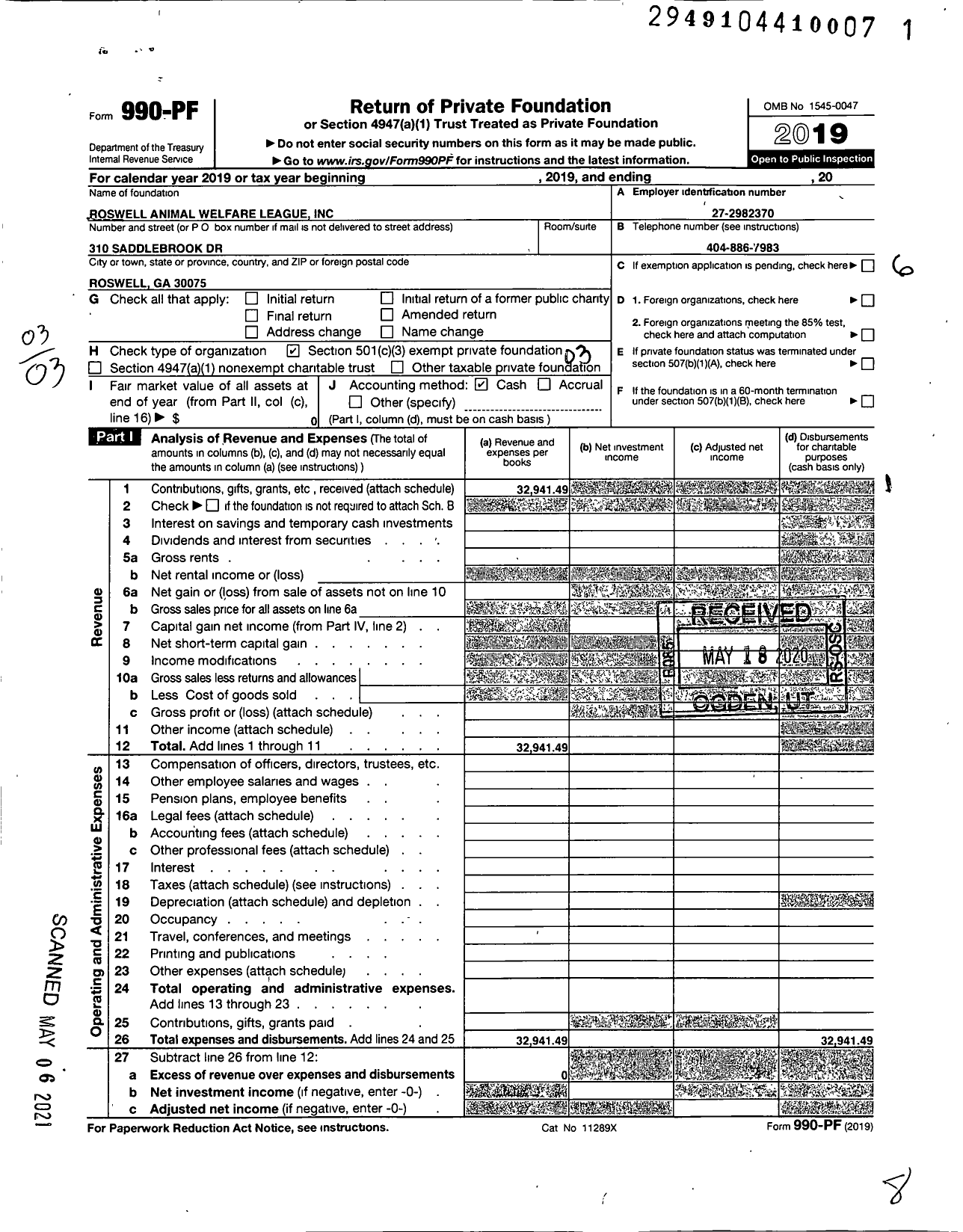 Image of first page of 2019 Form 990PF for ROSwELL ANIMAL WELFARE LEAGUE INCORPORATED