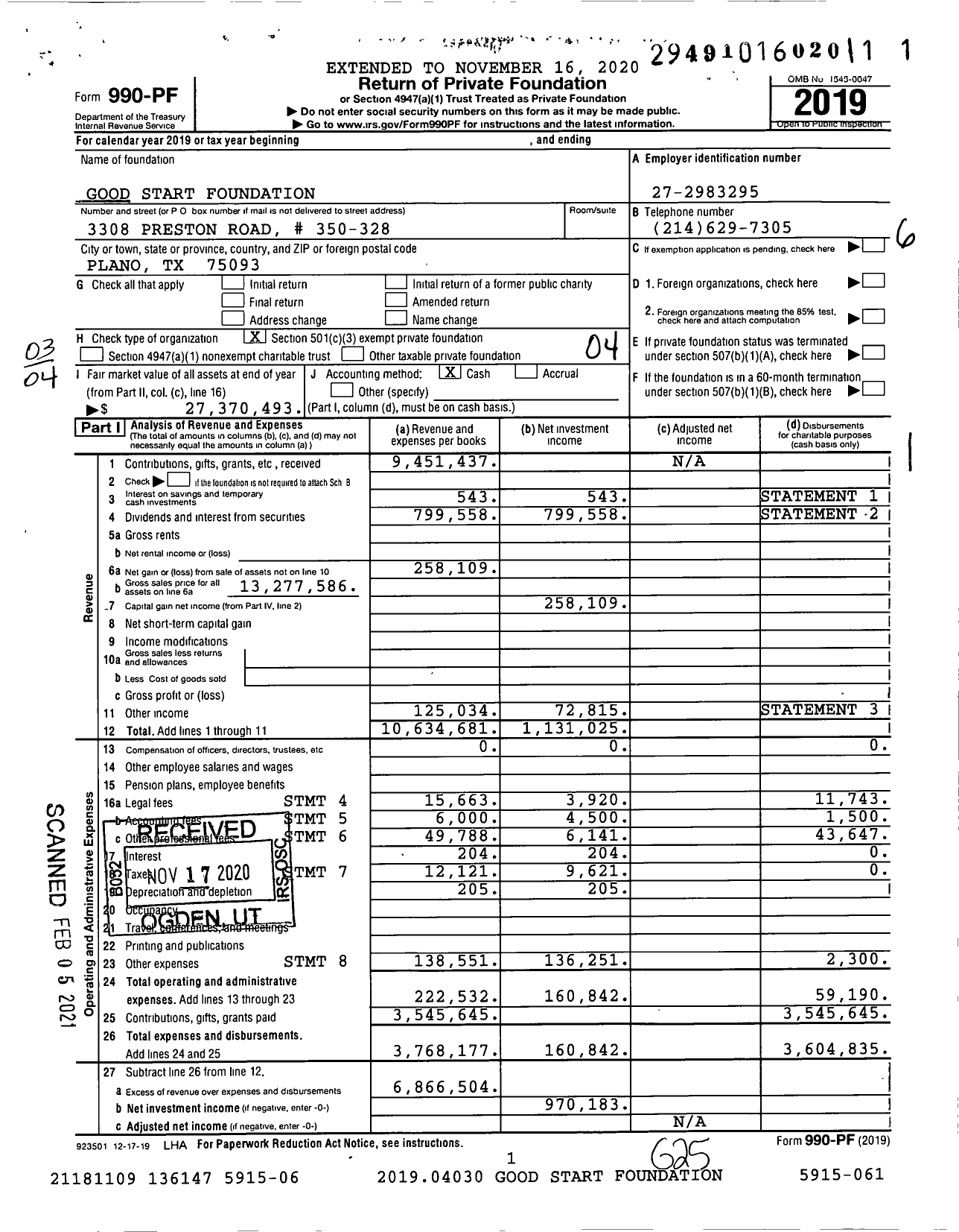 Image of first page of 2019 Form 990PF for Good Start Foundation