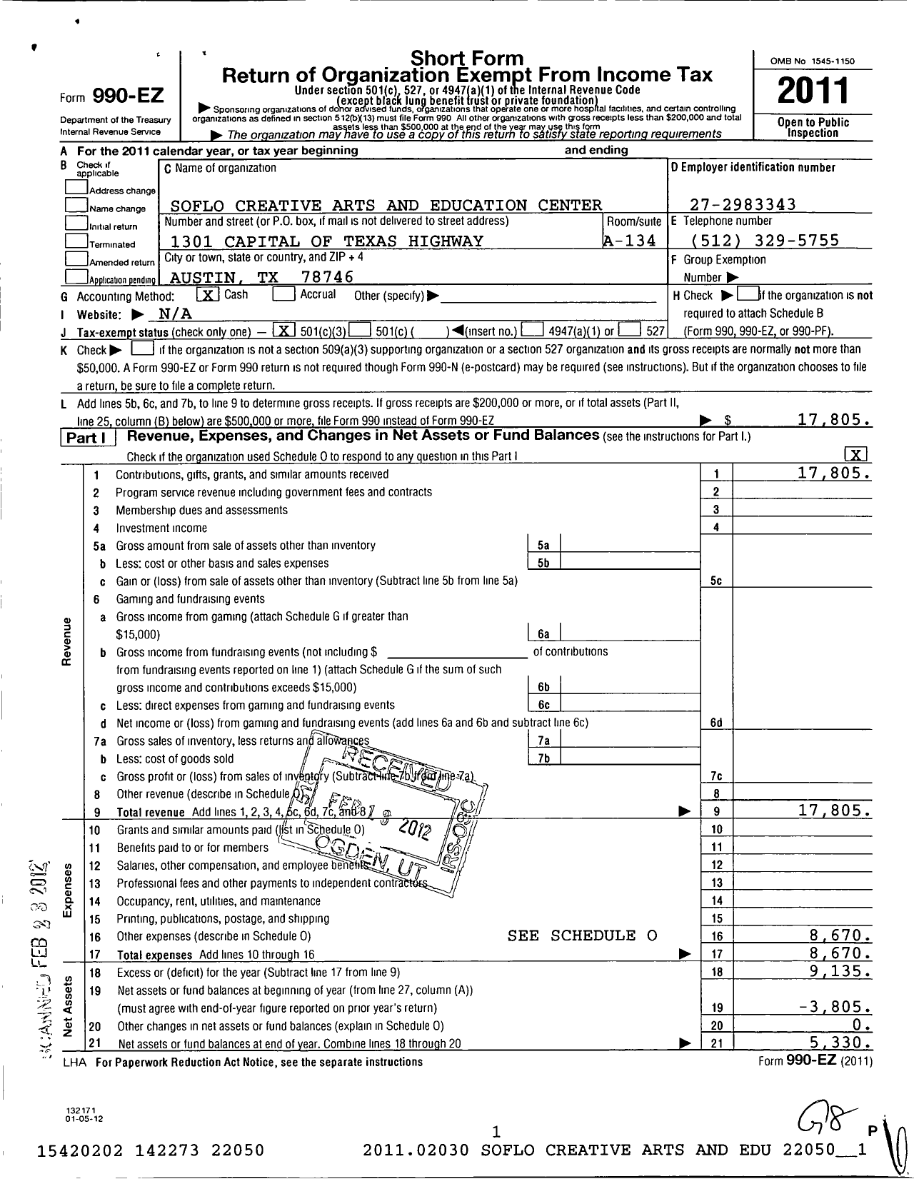 Image of first page of 2011 Form 990EZ for Soflo Creative Arts and Education Center