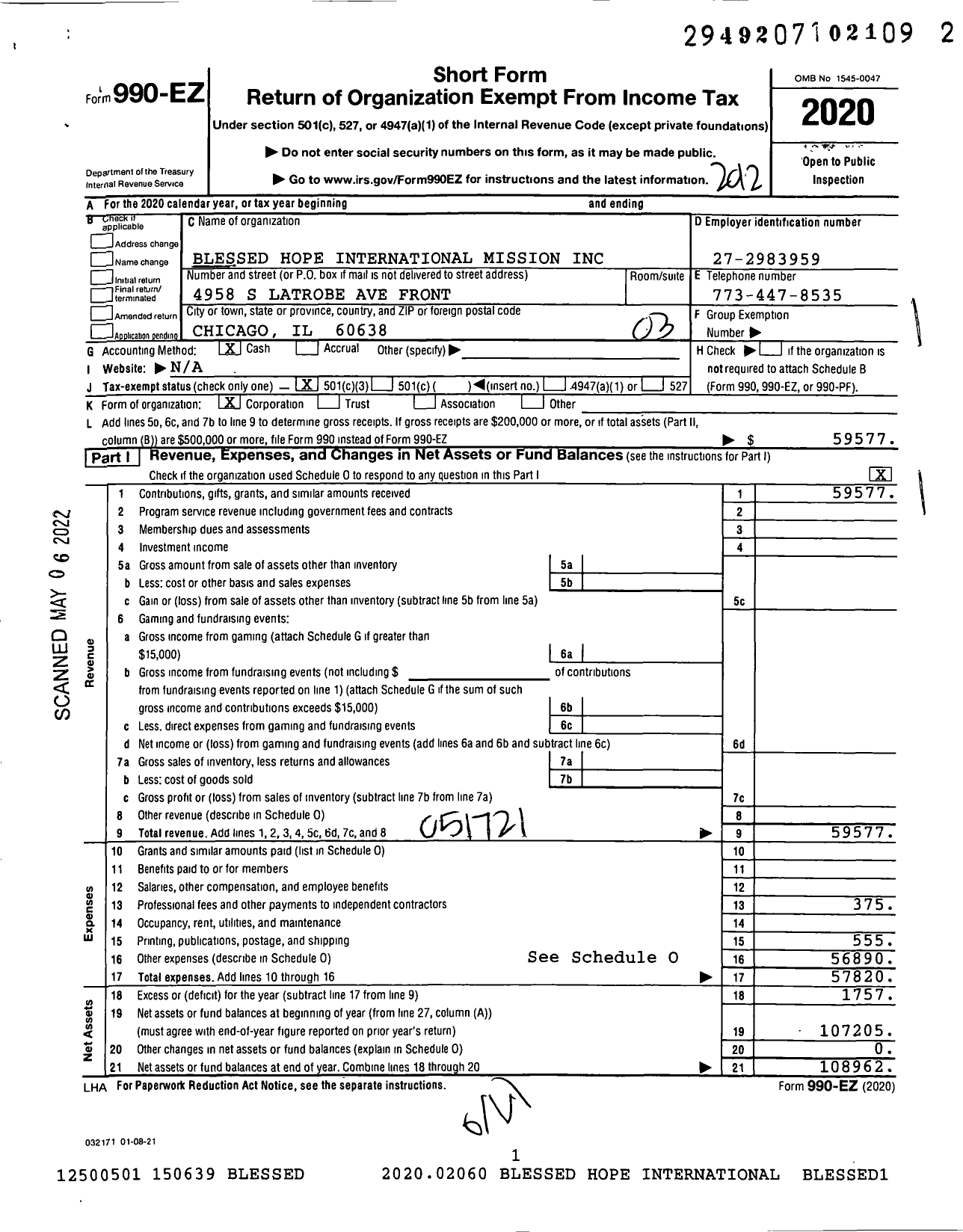 Image of first page of 2020 Form 990EZ for Blessed Hope International Mission