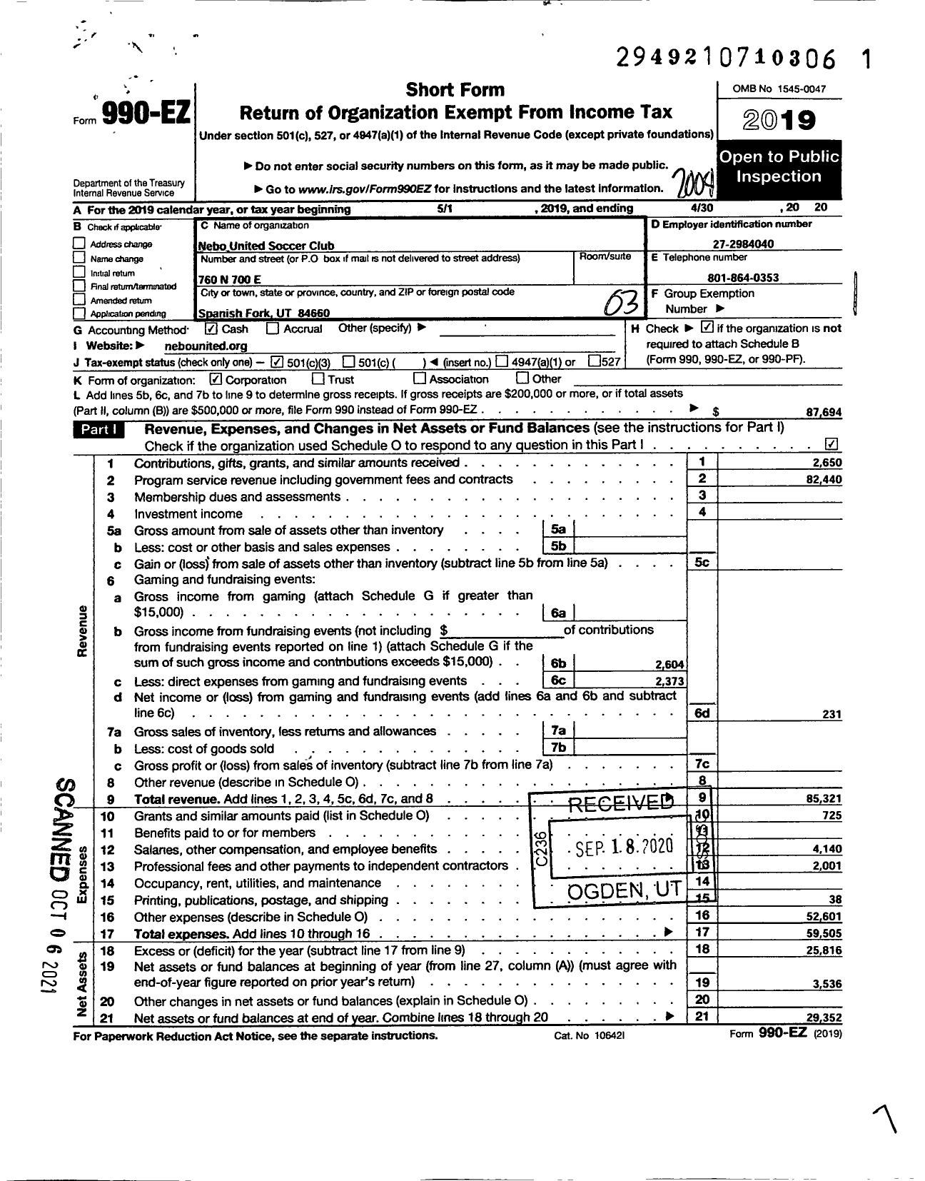 Image of first page of 2019 Form 990EZ for Nebo United Soccer Club