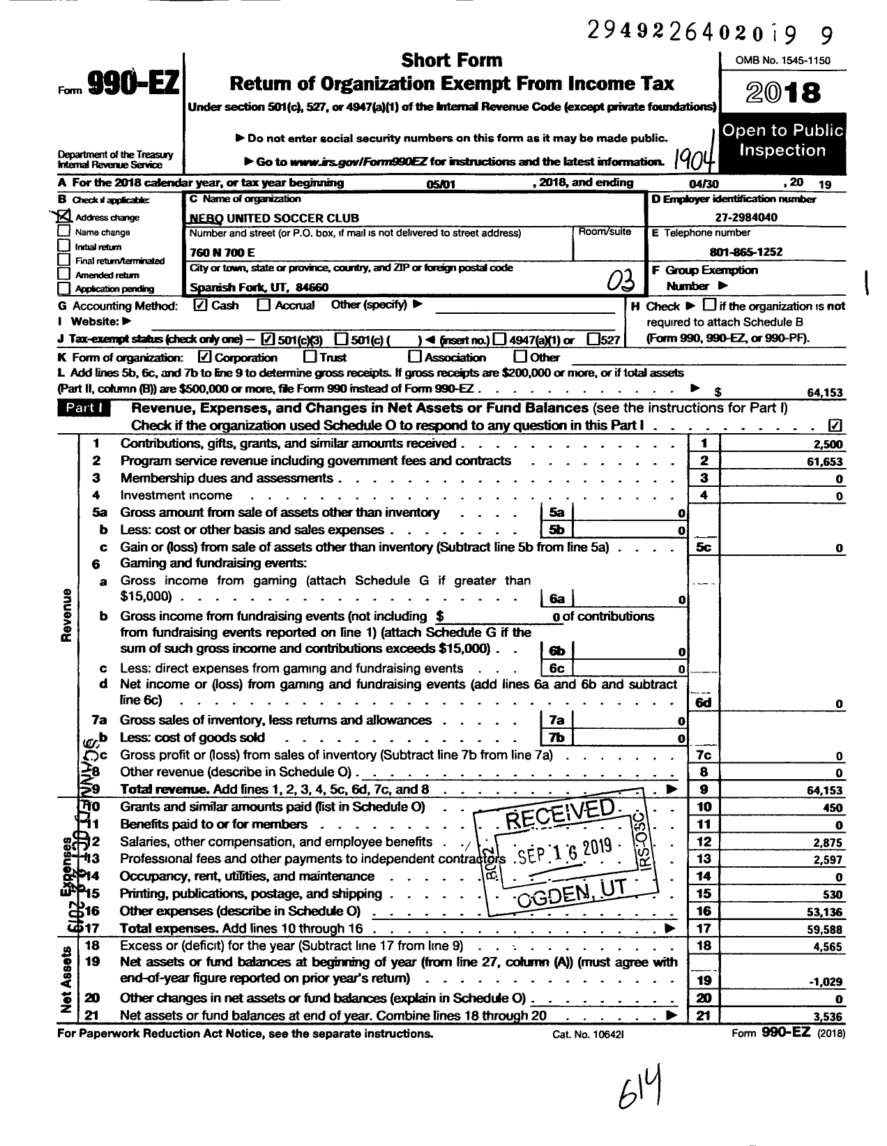 Image of first page of 2018 Form 990EZ for Nebo United Soccer Club
