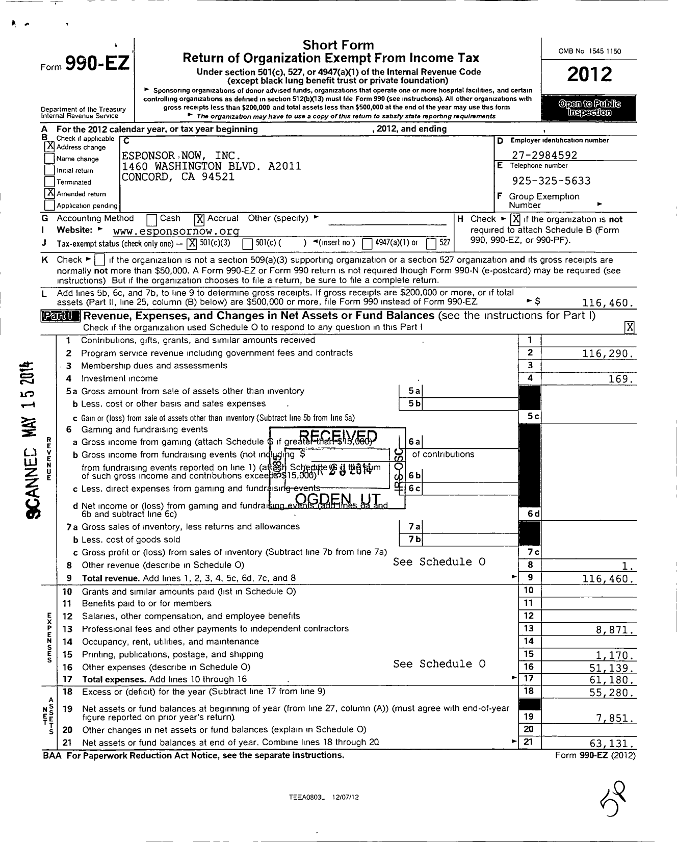 Image of first page of 2012 Form 990EZ for Esponsor Now