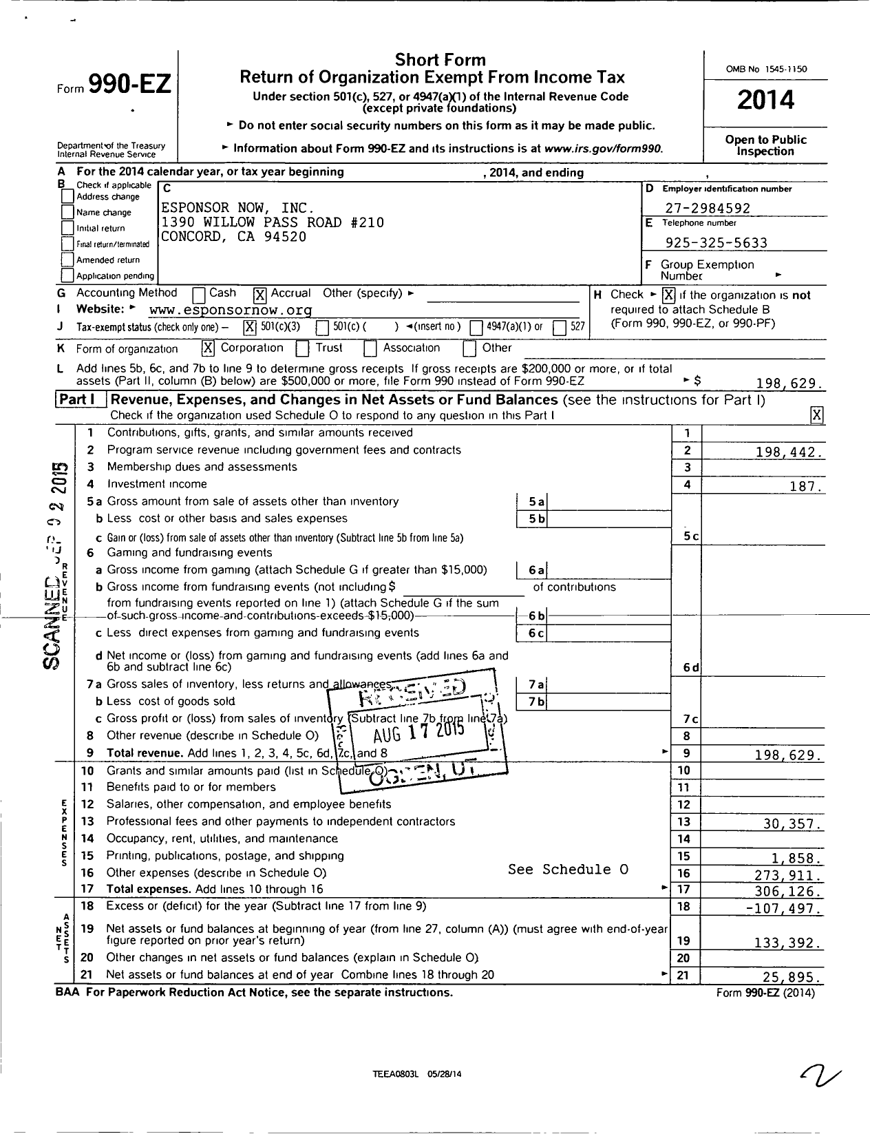 Image of first page of 2014 Form 990EZ for Esponsor Now