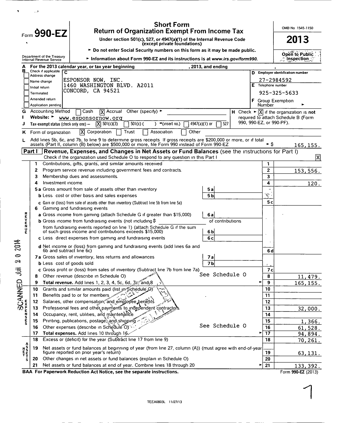 Image of first page of 2013 Form 990EZ for Esponsor Now