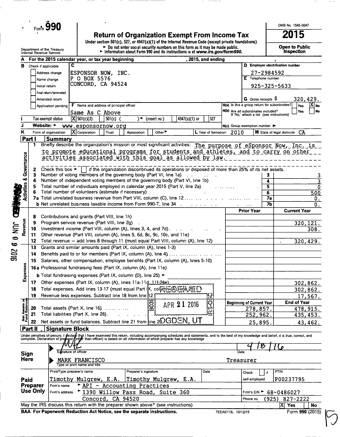 Image of first page of 2015 Form 990 for Esponsor Now