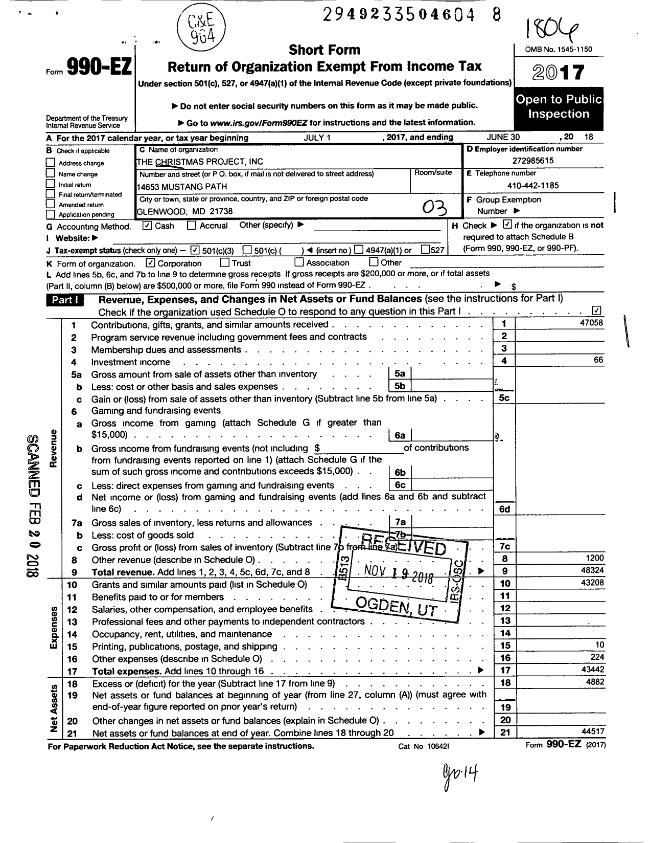 Image of first page of 2017 Form 990EZ for Christmas Project