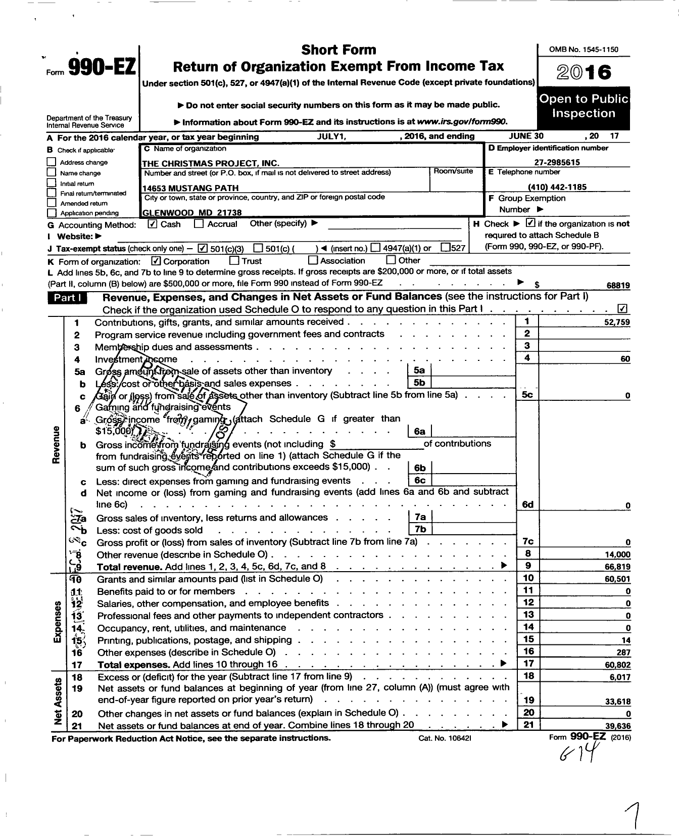 Image of first page of 2016 Form 990EZ for Christmas Project