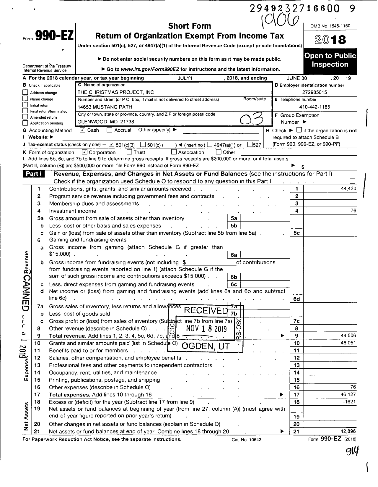 Image of first page of 2018 Form 990EZ for Christmas Project