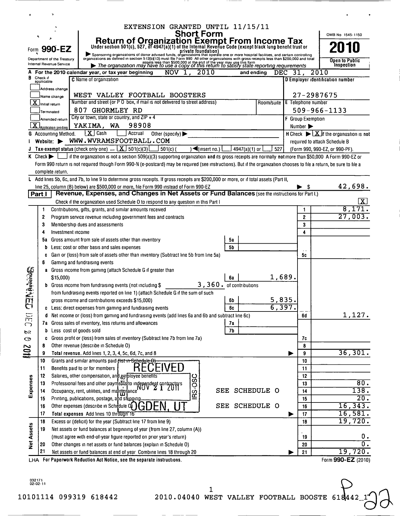 Image of first page of 2010 Form 990EZ for West Valley Football Boosters Club