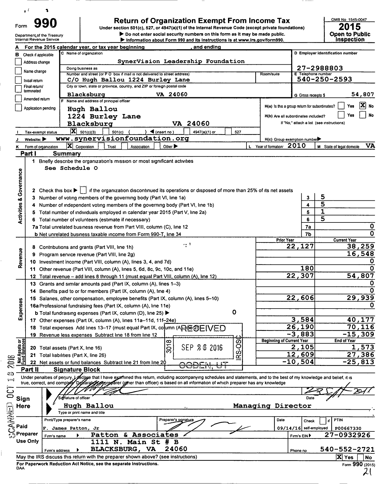 Image of first page of 2015 Form 990 for Synervision Leadership Foundation