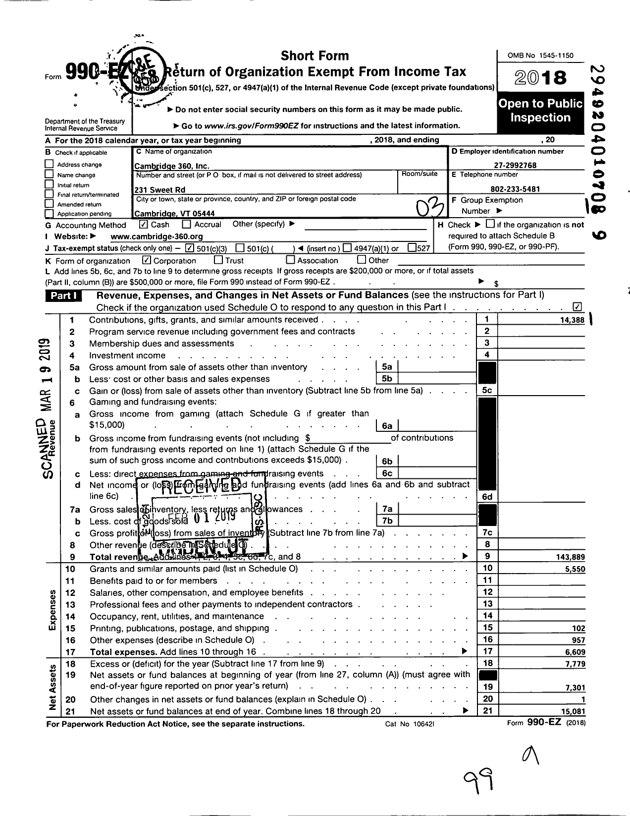 Image of first page of 2018 Form 990EZ for Cambridge 360