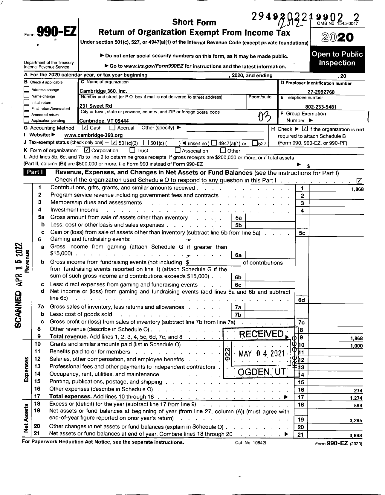 Image of first page of 2020 Form 990EZ for Cambridge 360