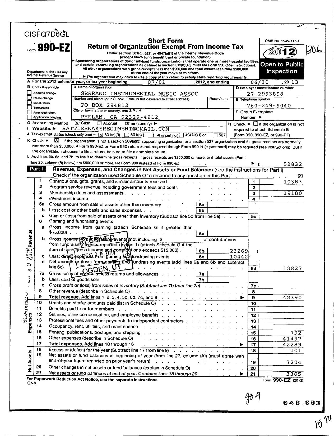 Image of first page of 2012 Form 990EZ for Serrano Instrumental Music Association