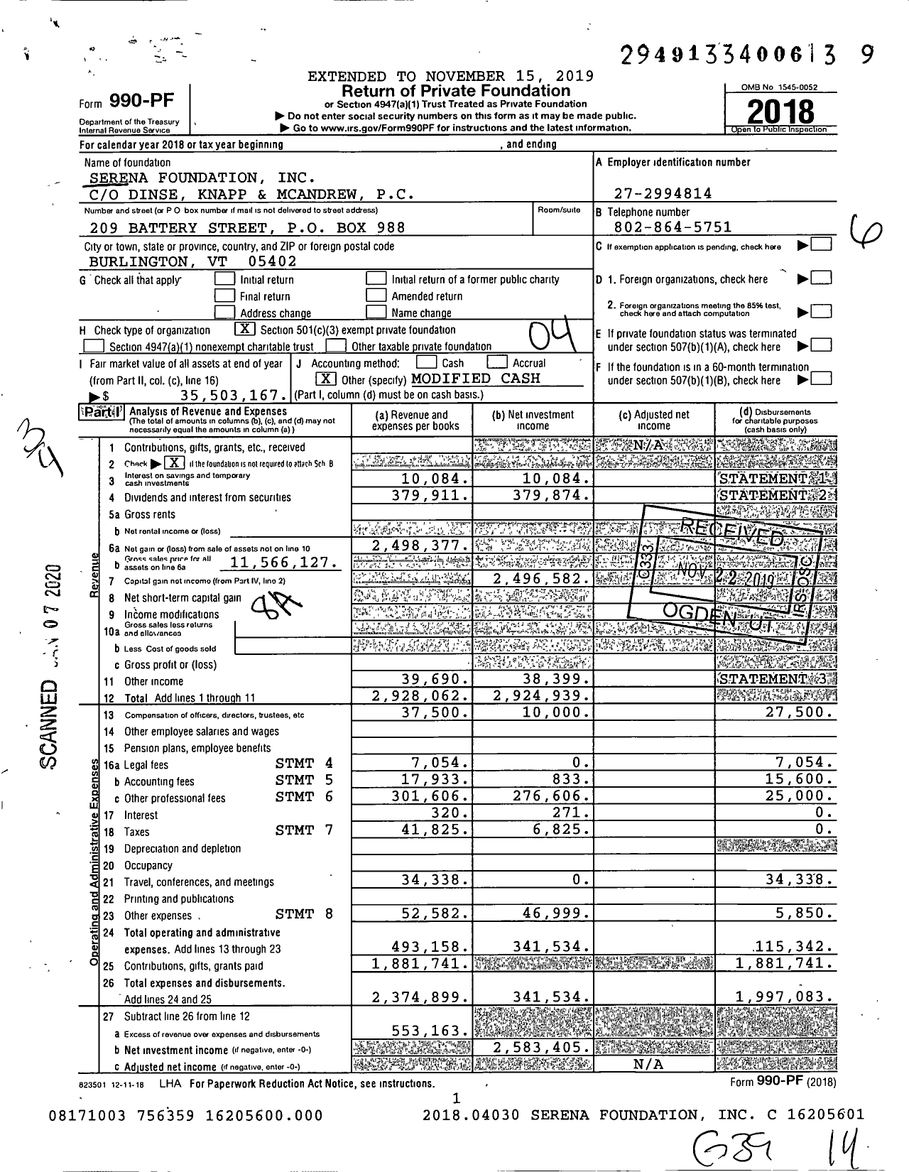 Image of first page of 2018 Form 990PF for Serena Foundation