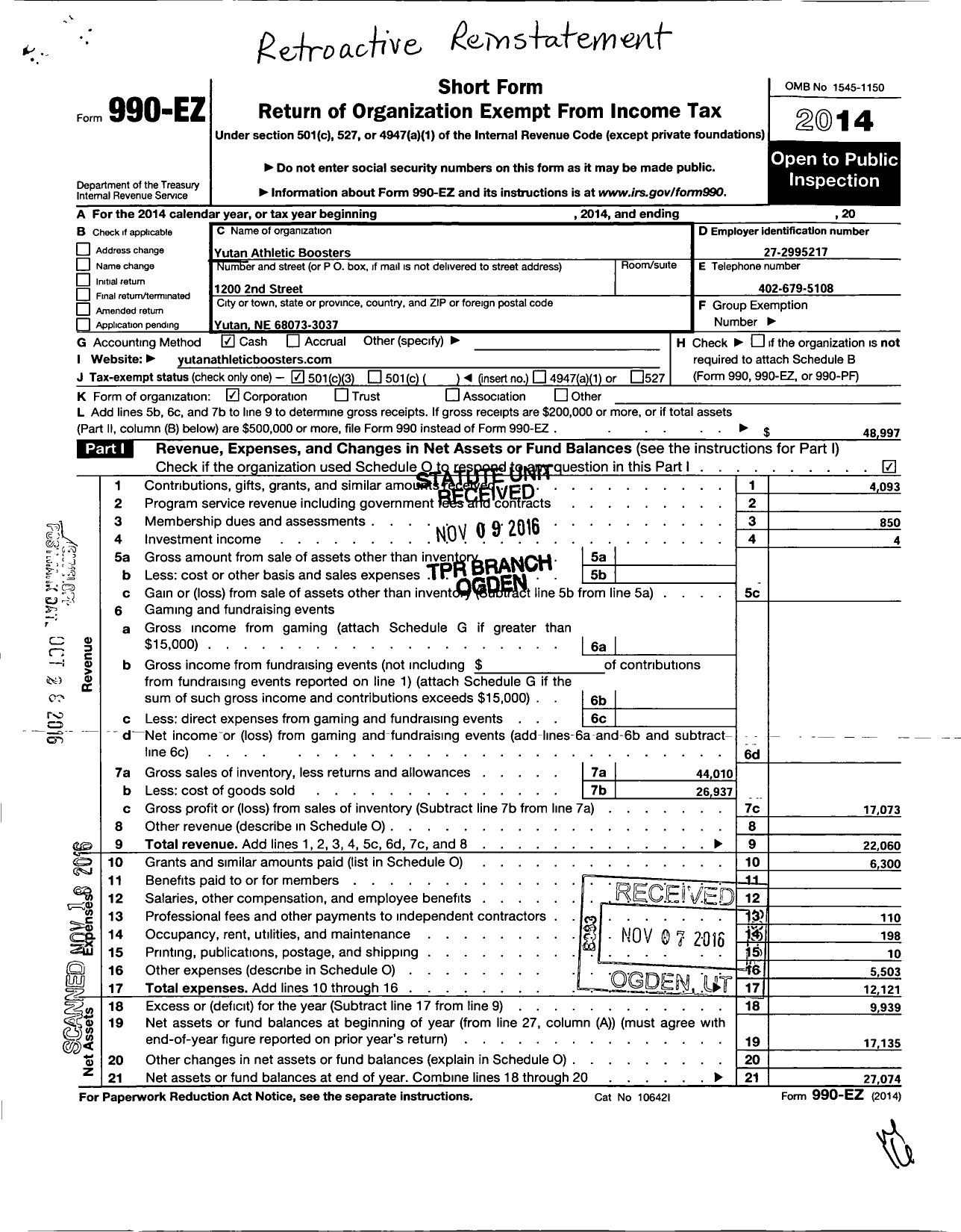 Image of first page of 2014 Form 990EZ for Yutan Athletic Boosters