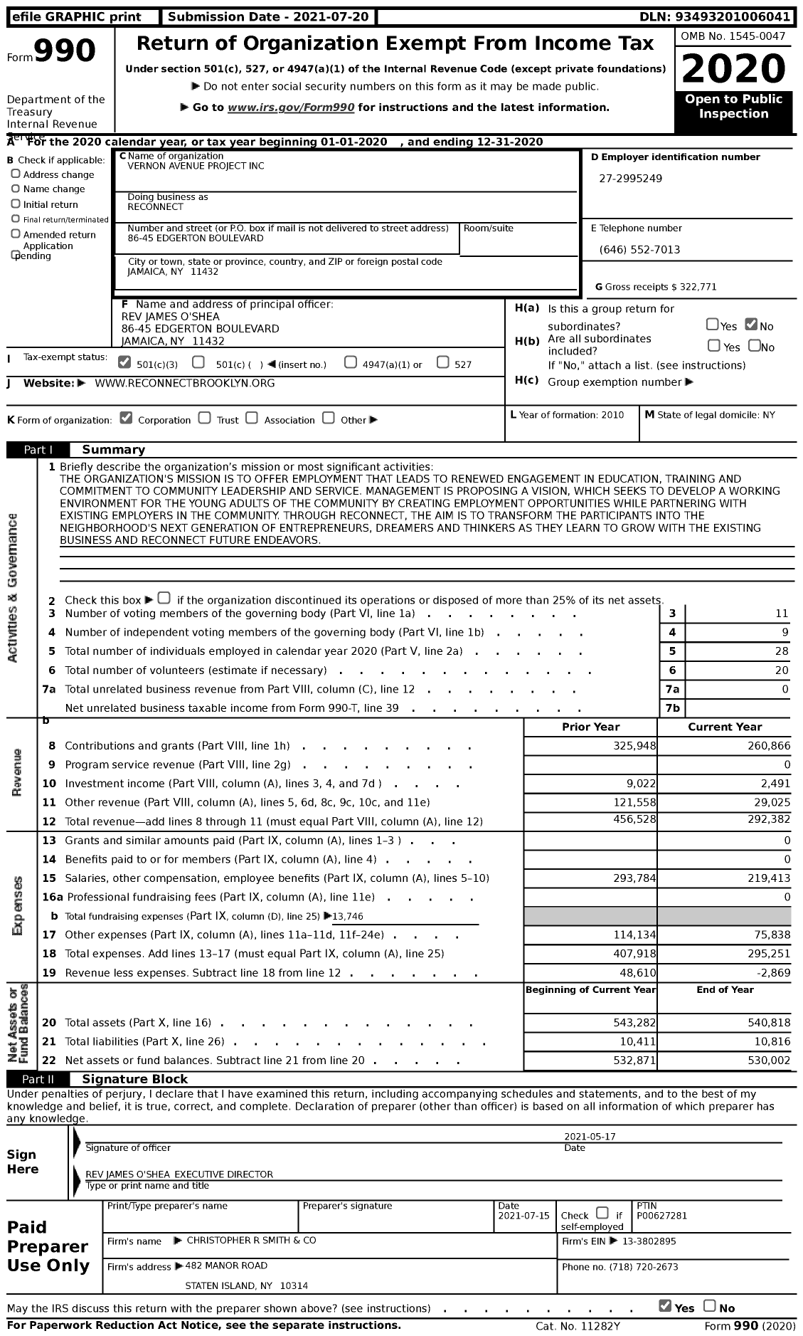 Image of first page of 2020 Form 990 for Reconnect / Vernon Avenue Project Inc