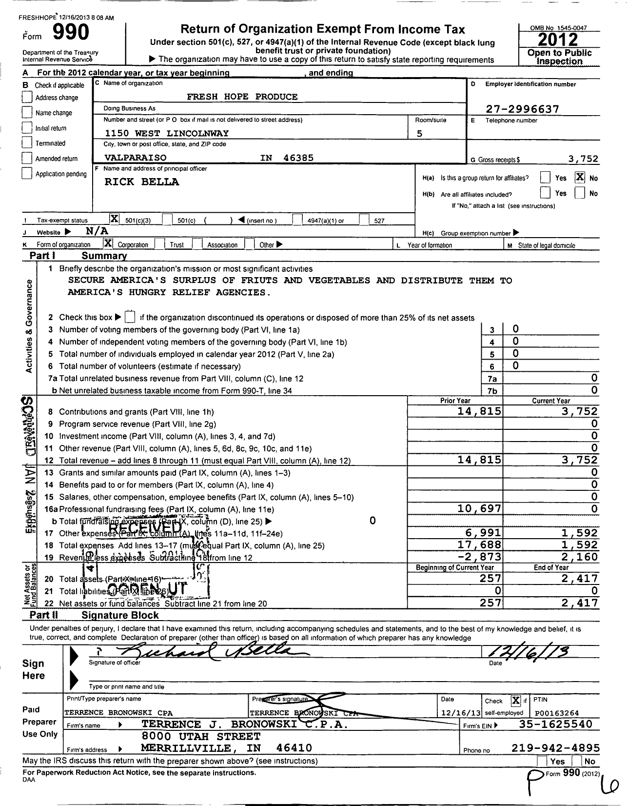 Image of first page of 2012 Form 990 for Fresh Hope Produce