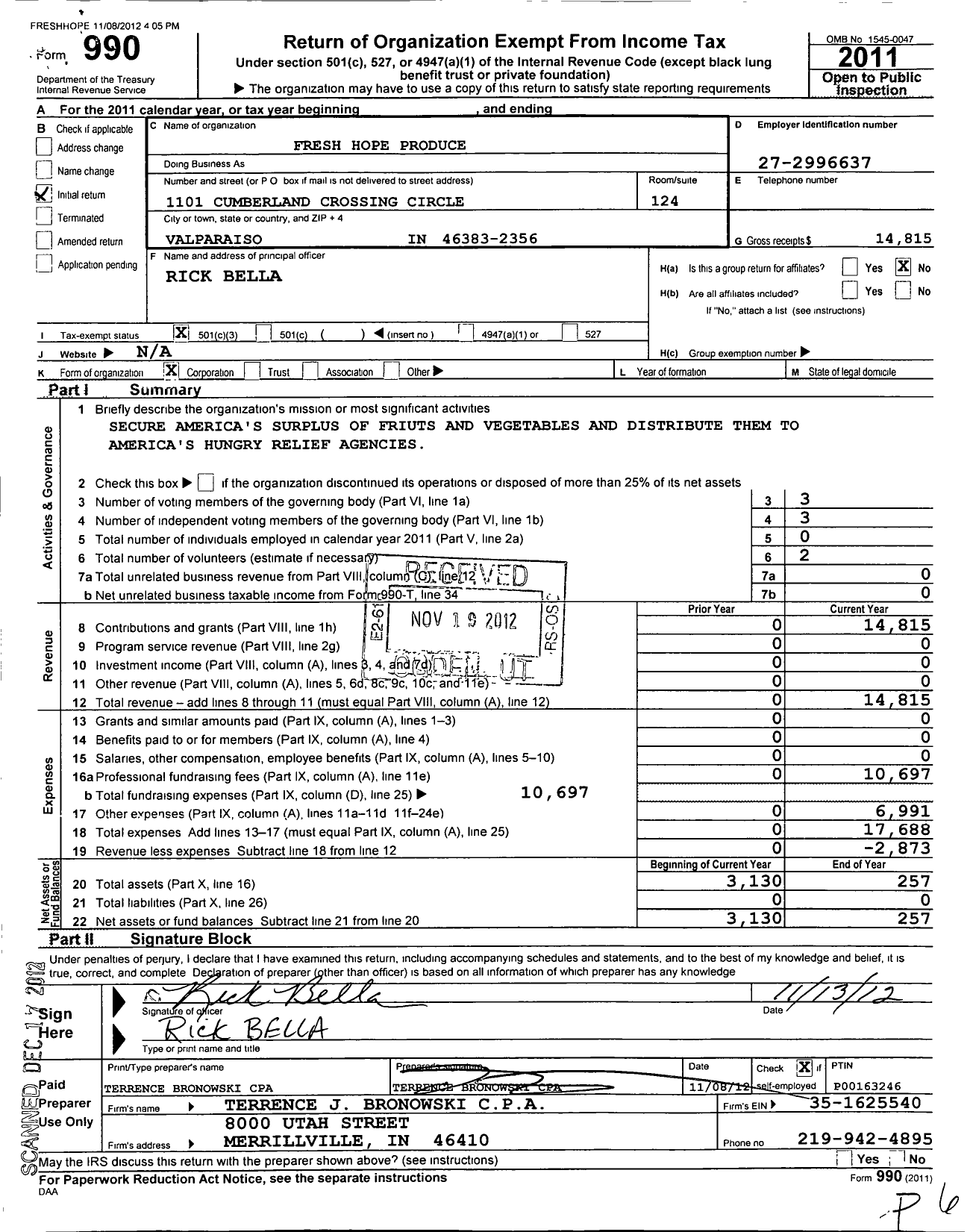 Image of first page of 2011 Form 990 for Fresh Hope Produce