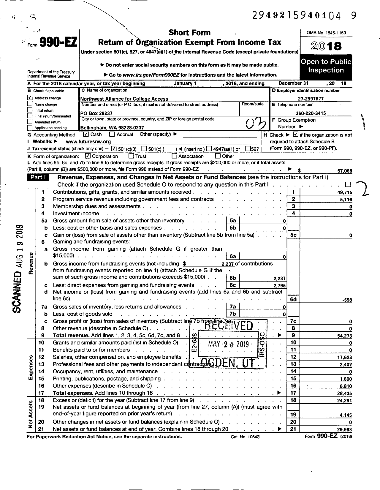 Image of first page of 2018 Form 990EZ for FuturesNW