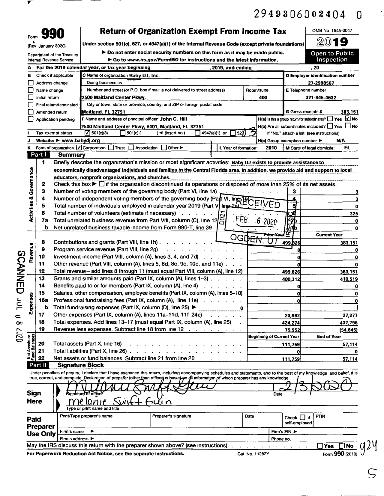 Image of first page of 2019 Form 990 for Baby DJ