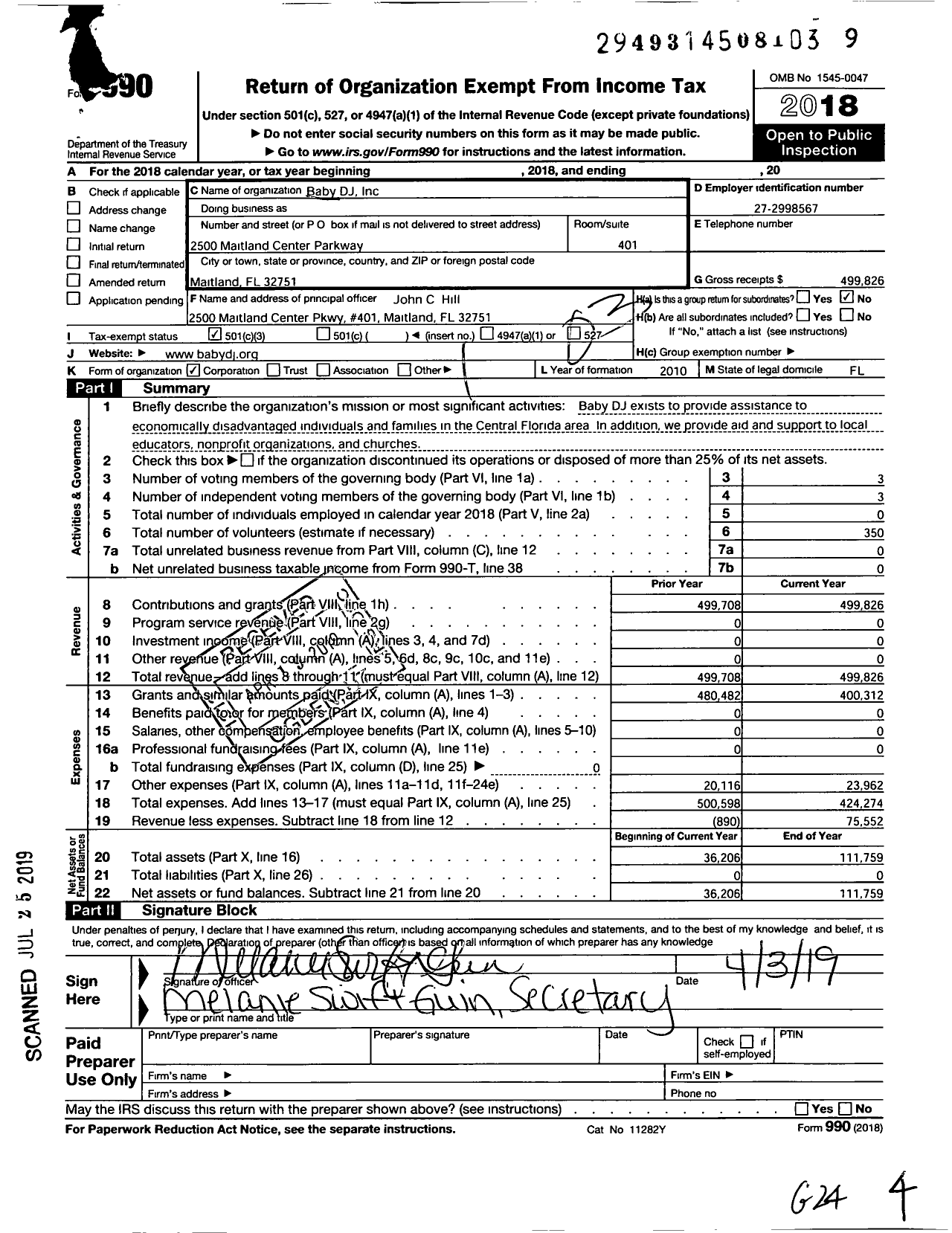 Image of first page of 2018 Form 990 for Baby DJ