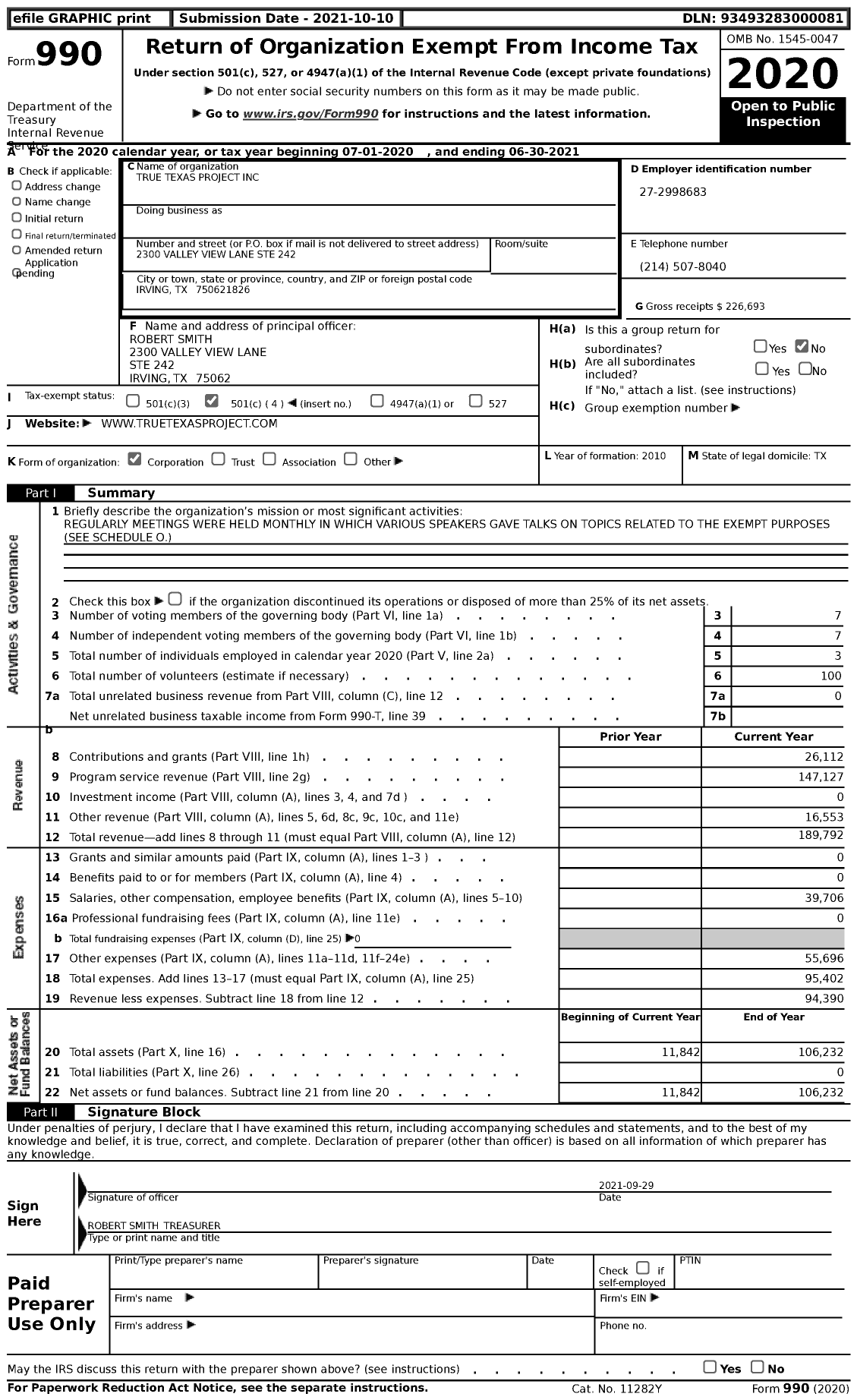 Image of first page of 2020 Form 990 for True Texas Project Inc Allan Soloman