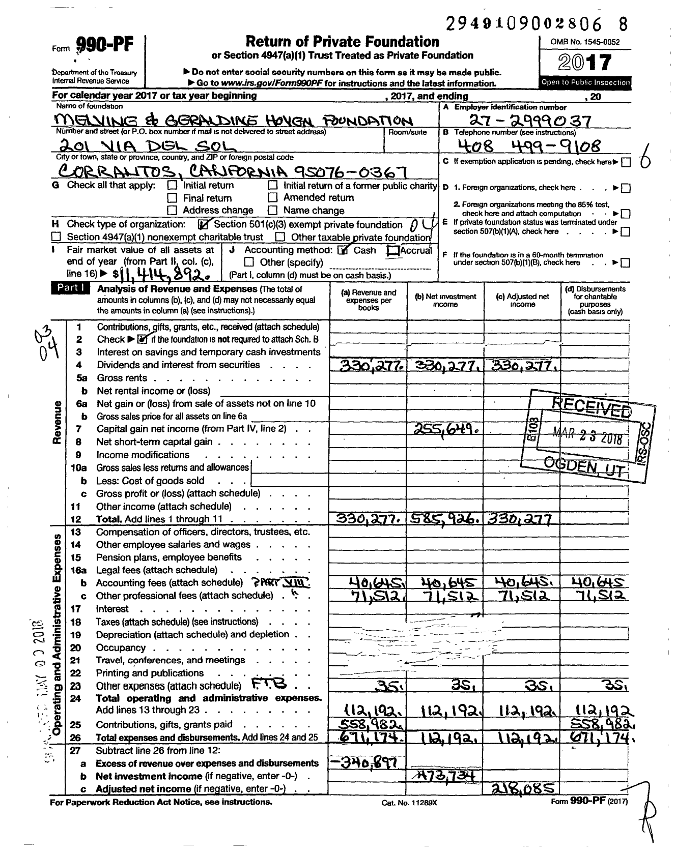 Image of first page of 2017 Form 990PF for Melvin and Geraldine Hoven Foundation