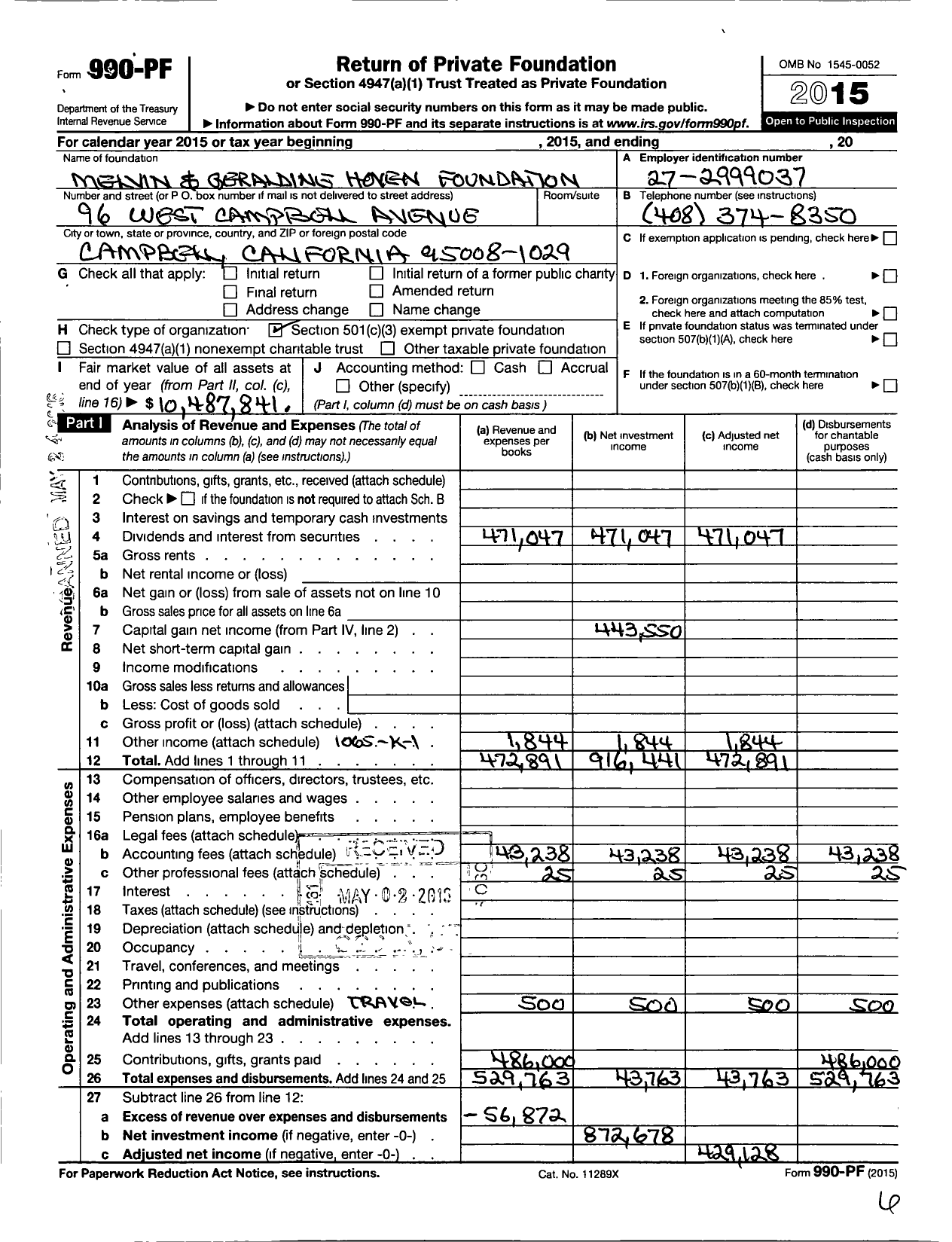 Image of first page of 2015 Form 990PF for Melvin and Geraldine Hoven Foundation